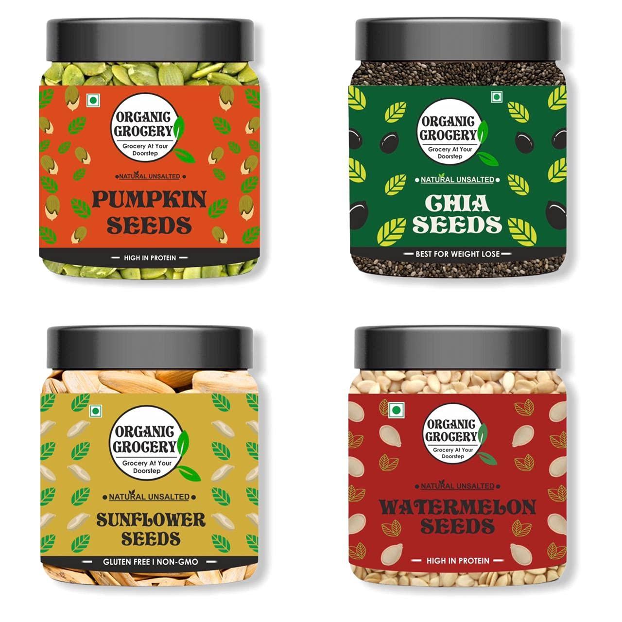 Organic Grocery Organic Grocery Raw Seeds Mix for Eating - 1kg -Chia, Sunflower, Pumpkin & Watermelon (250g*4 Pack) (Super Saver Combo) (Jar Pack) Fresh and Healthy For Raksha Bandhan Festival Celebration | Raksha Bandhan Gift Pack For Family, Friends, Corporate Off