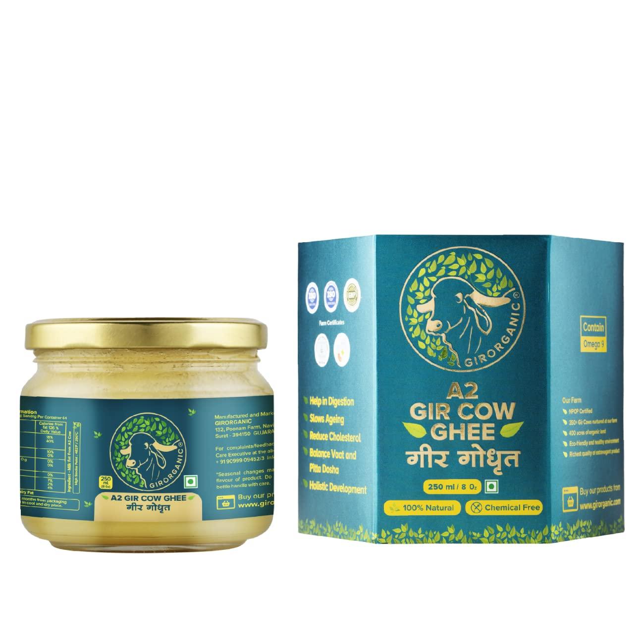 GirOrganic GirOrganic A2 Pure Ghee - 250 millilitre Glass Bottle | 100% Gir Cow Ghee | Vedic Bilona Method | Grassfed, Cultured, Premium & Traditional Ghee | Immunity Booster