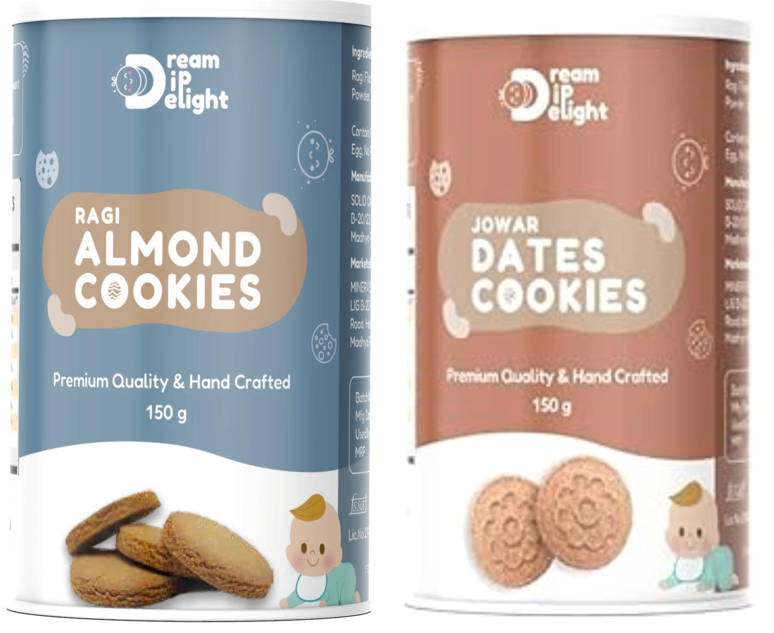 DREAM DIP DELIGHT Dream Dip Delight Ragi Almond Cokkies & Jowar Dates Cookies Assorted Pack of 2| Tasty & Healthy Cookies For kids & Adults | Jaggery Cookies with no MaidaGluten-Free | 300gm (150 gm each Pack of 2)