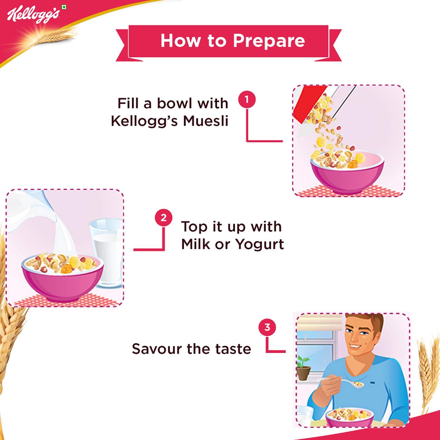 Kellogg's Kellogg's Muesli Crunchy Fruit And Nut, Multi-Grain Cereal, High In Iron, Vitamin B And Source Of Fibre, 500g