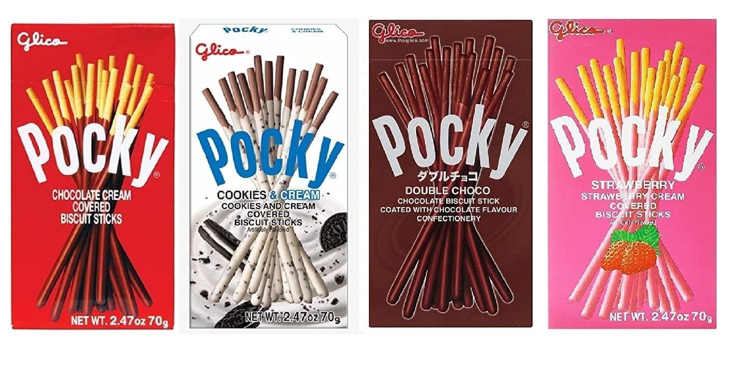 Pocky Sticks Pocky Sticks Variety Pack Coverd With Crunchy Biscuit, Chocolate, Strawberry, Double Chocolate, Cookies & Cream, Each 70g Pack Of 4