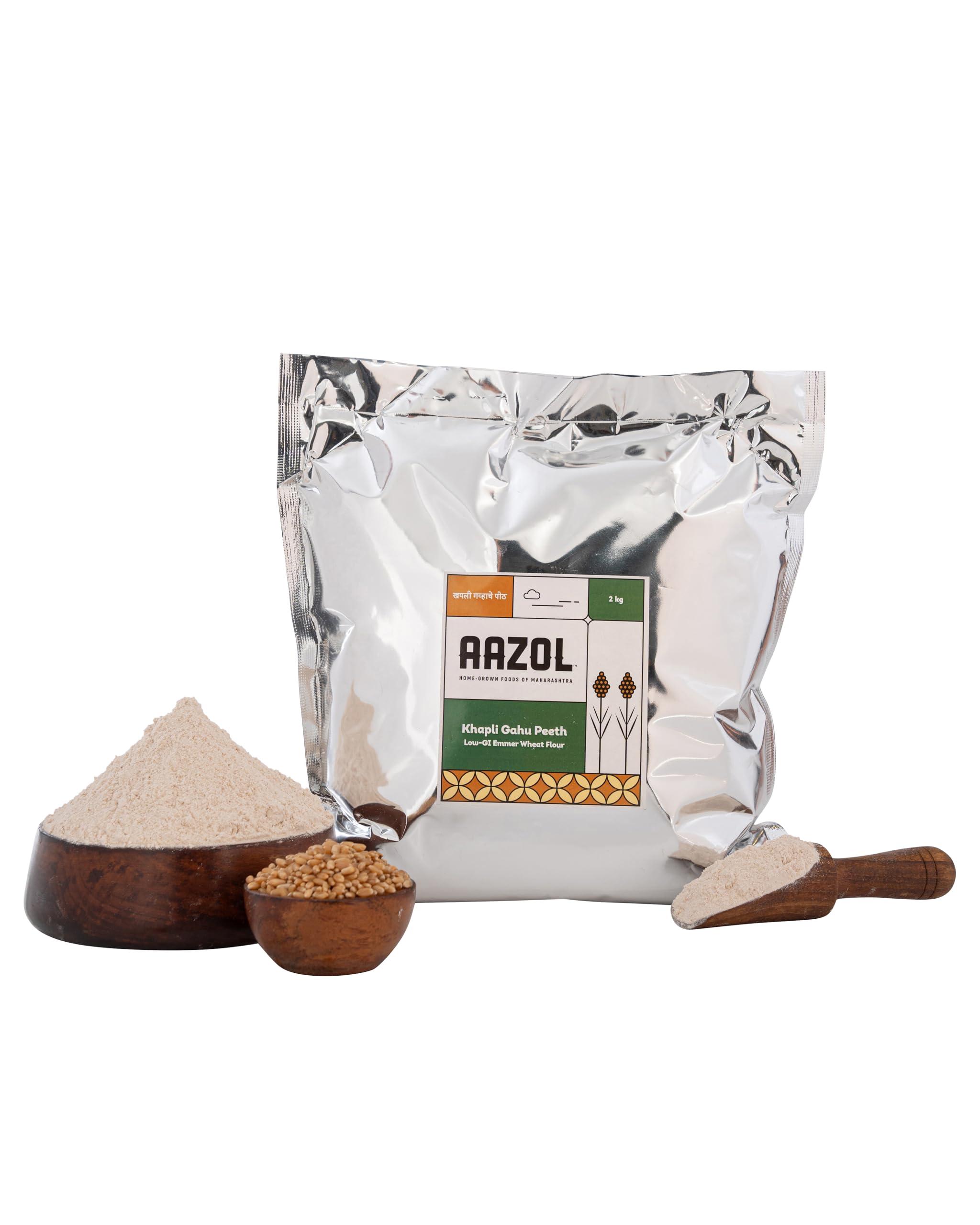 AAZOL Aazol Khapli Wheat Flour: Emmer Atta - 2kg | Low Glycemic-index | Keeps Blood Sugar in Control | Low Gluten | Good for Digestion