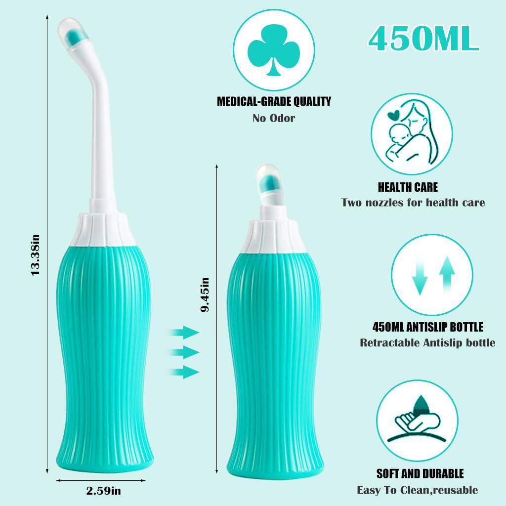 Hannea HANNEA 450ml Portable Retractable Travel Bidet with Bag/2 Nozzles for Toilet Handheld Postpartum Perineal Cleansing Childbirth Cleaner - for Outdoor,Camping,Personal Hygiene (Green)