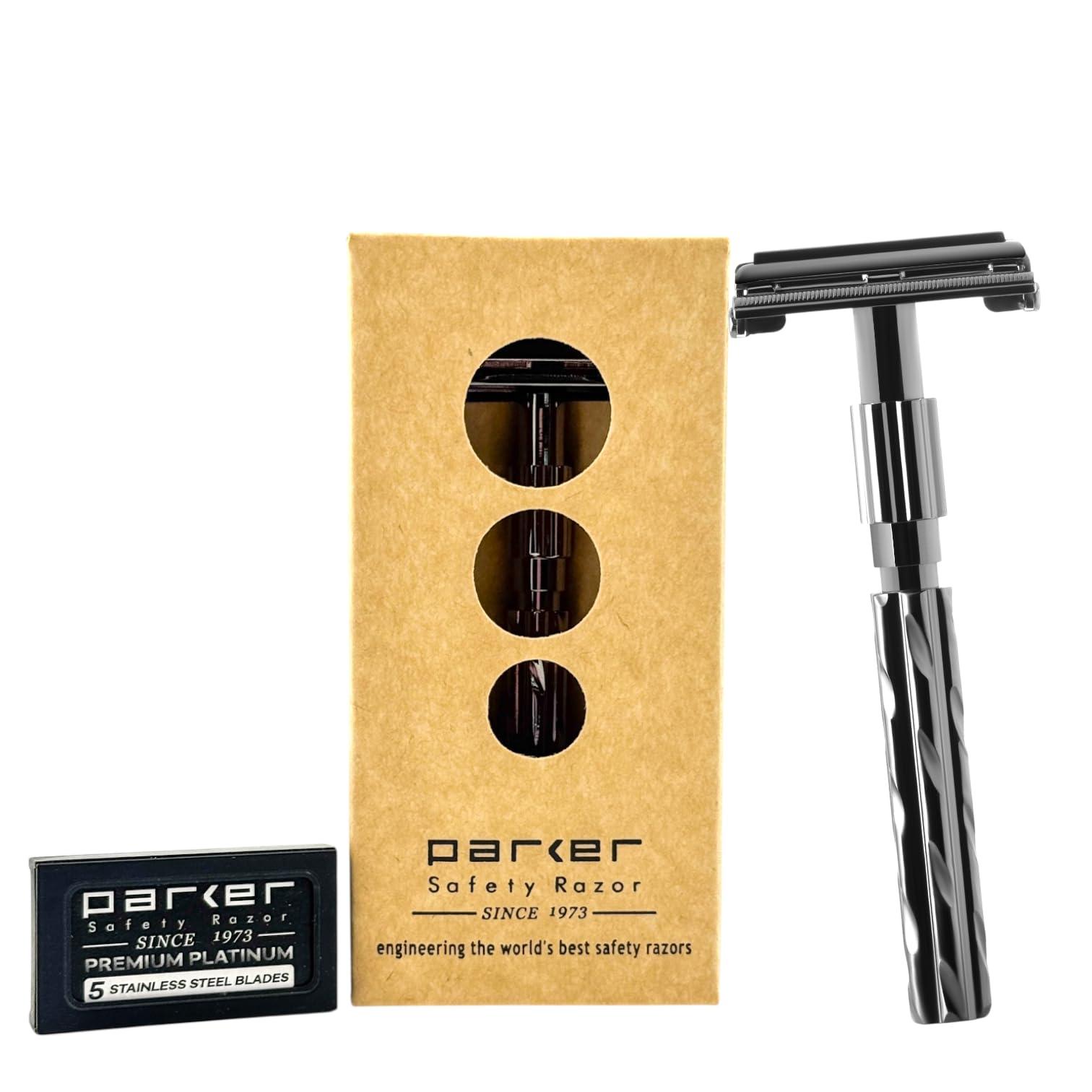 PARKER Safety Razor PARKER Safety Razor 22R - Gunmetal Finish Butterfly Open Safety Razor And 5 Parker Razor Blades Metallic