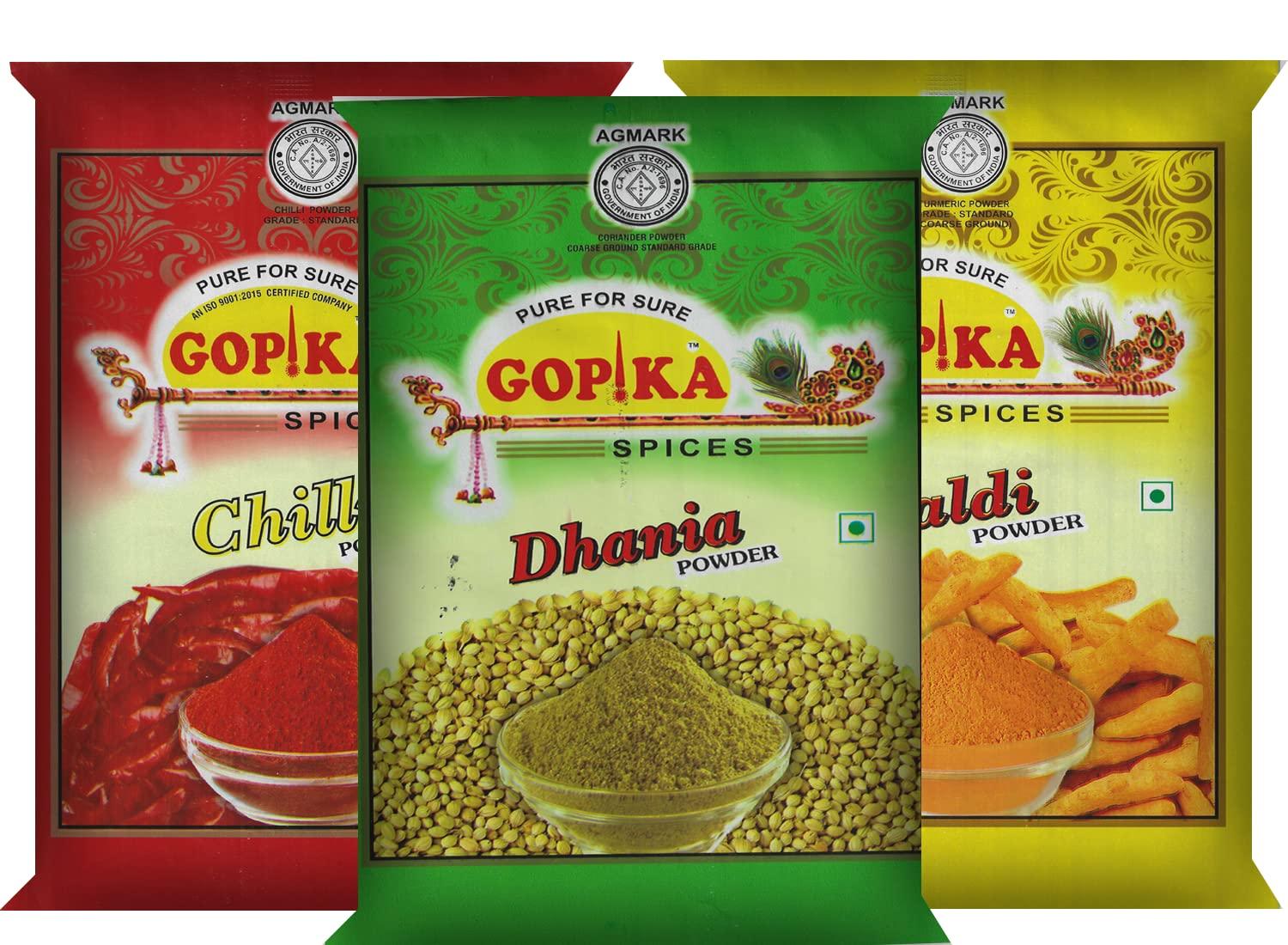 Generic GOPIKA SPICES | 100% Sure For Pure Combo Pack of Chilli Powder 500gm, Turmeric Powder 500gm, Coriander Powder 500gm, (Lal Mirchi, Haldi, Dhaniya) Pack Of 3 Each 500gm