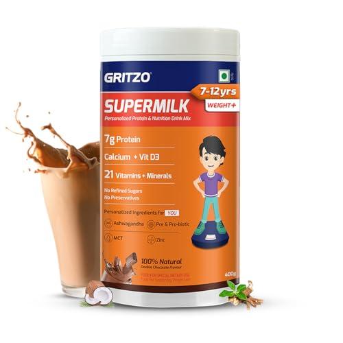 Gritzo Gritzo SuperMilk Weight+ (7-12y), 7g Protein Powder (Double Chocolate, 400g) | Zero Refined Sugar, 21 Vitamins & Minerals