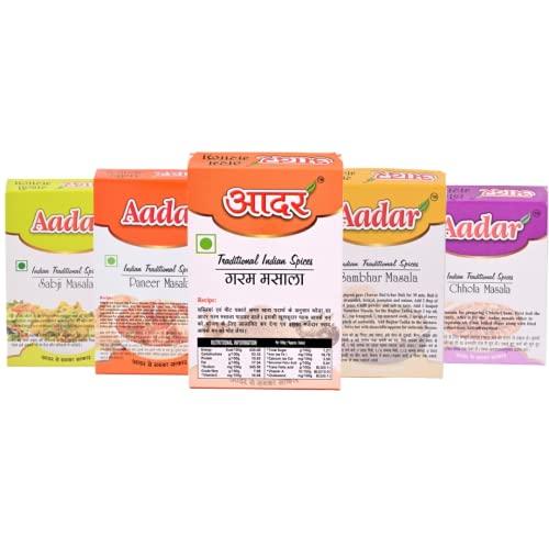 AADAR Aadar Spices Indian Spice Combo Pack of 5 x 50gm Each - Garam Masala, Chole Masala, Amchoor Powder, Paneer Masala, Sabji Masala, No Added Preservatives