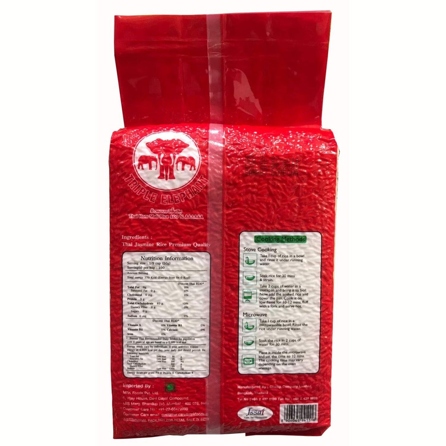 Triple Elephant Triple Elephant Thai Hom Mali Jasmine Rice Grade AAAAAA Vacuum Packed, 70.55 oz / 4.4 lbs / 2 kg