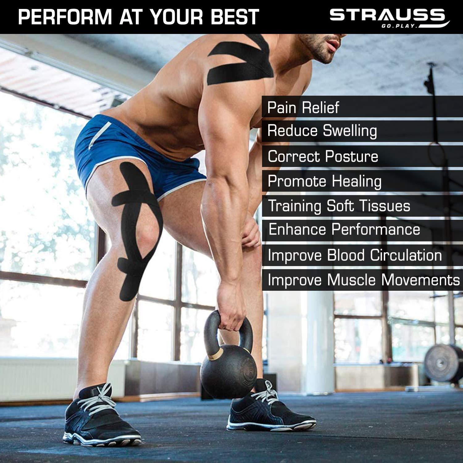 STRAUSS STRAUSS Kinesiology Sports Tape for Knee,Calf & Thigh Support|Waterproof Athletic Sports Tape for Muscle Support,Hand Leg Joint Support & Physiotherapy|Kinesio Tape for Sports Injury,(Beige)