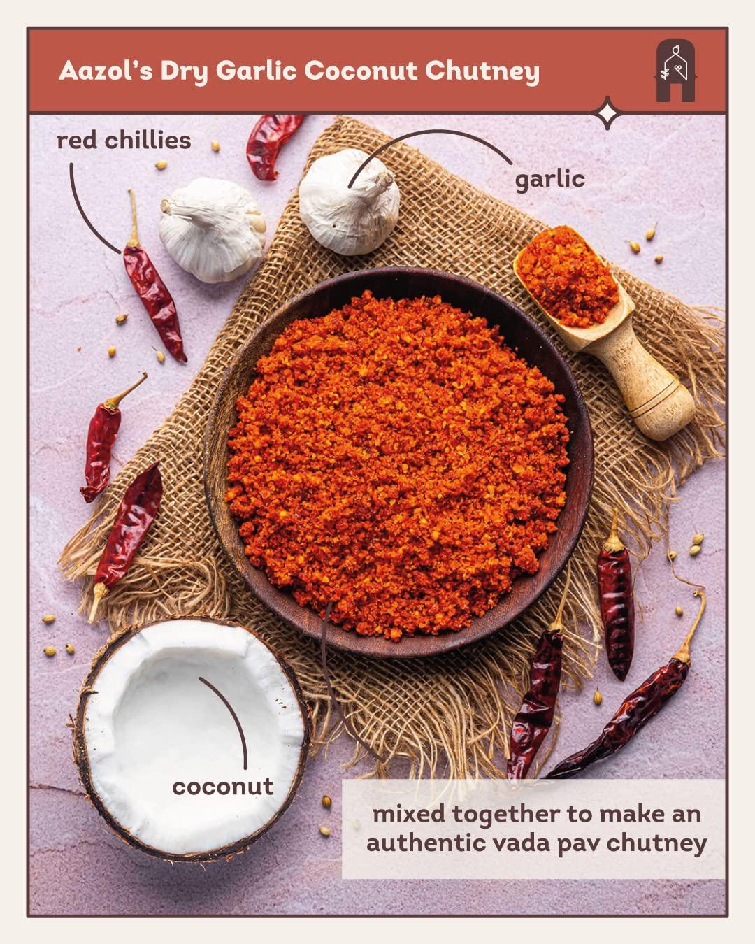 AAZOL Aazol Vada Pav Chutney: Dry Garlic Coconut Chuntey - 600gms (Pack of 3-200gms each) | Authentic & Spicy | Ideal with Idli, Dosa & Fried Snacks | Ready-to-eat Chutney | Long Shelf Life