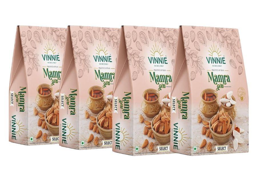 Vinnie Vinnie Premium Mamra Almond 1kg - Natural Fresh Badam Giri Dry Fruits - High Protein & Vitamin E, Rich in Oil, More Nutritious, Gluten Free, 250g x 4 Pack