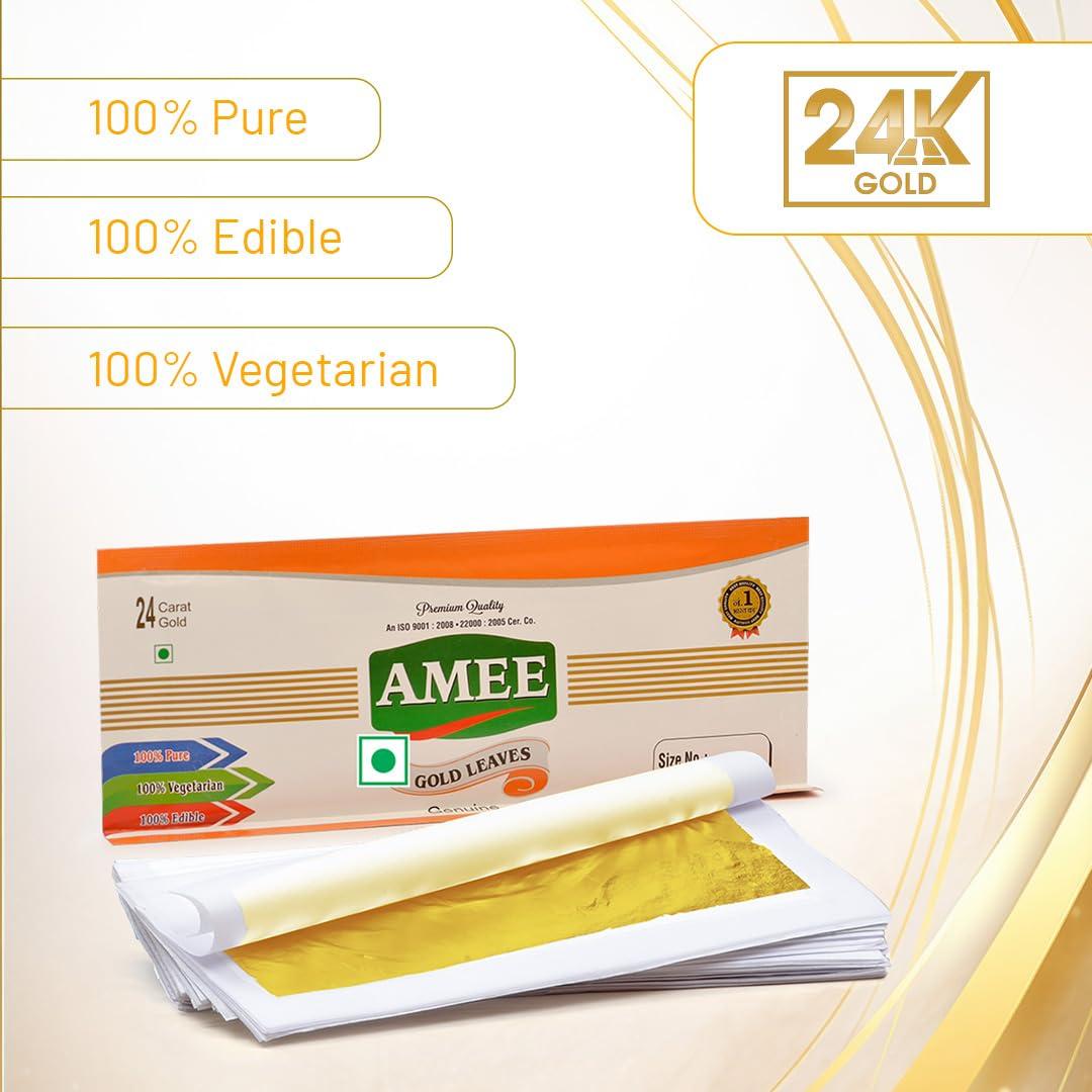AMEE Amee Edible Gold Leaf Vark | 24K Gold Leaves | For Sweets Decoration, Cakes and Ayurvedic Medicine (3.5X5.5Inch - (4 Leaves Sheet X 1 Packet))