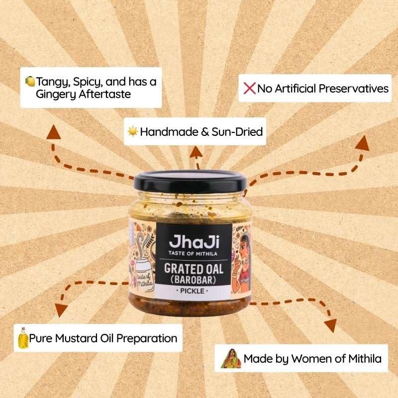 JhaJi - Taste of Mithila JhaJi - Taste of Mithila Oal Ginger Chilli Mix Pickle | Tangy, Spicy, And Gingery Aftertaste | Grated Jimikand Pieces | Sun-Dried | Bihari-Style Homemade Pickle, 500G