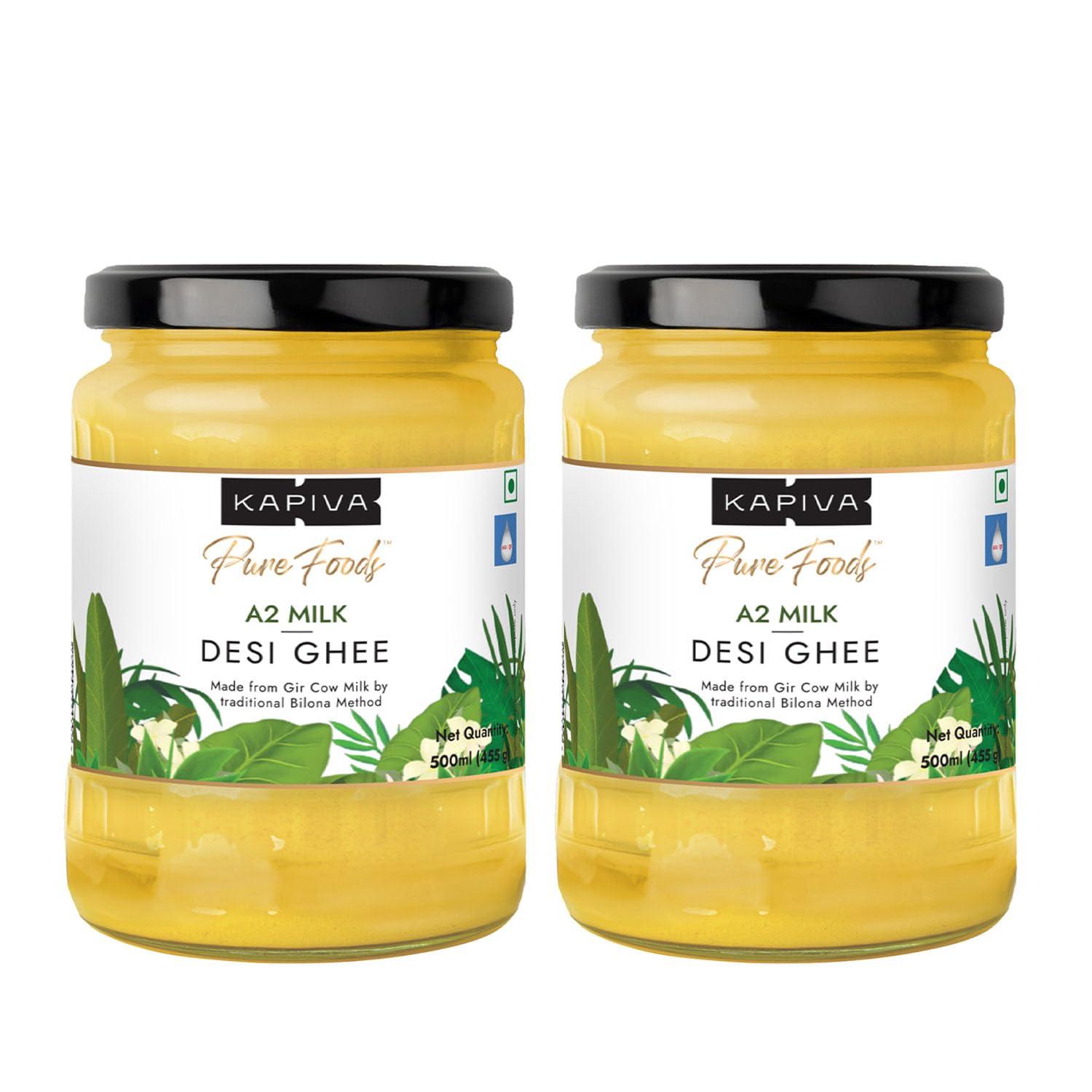 Kapiva Kapiva A2 Desi Cow Ghee 500ml | Bilona Method, Curd-Churned | Pure, Natural, Healthy | Grass-fed Cultured Ghee - Super Saver Pack of 2