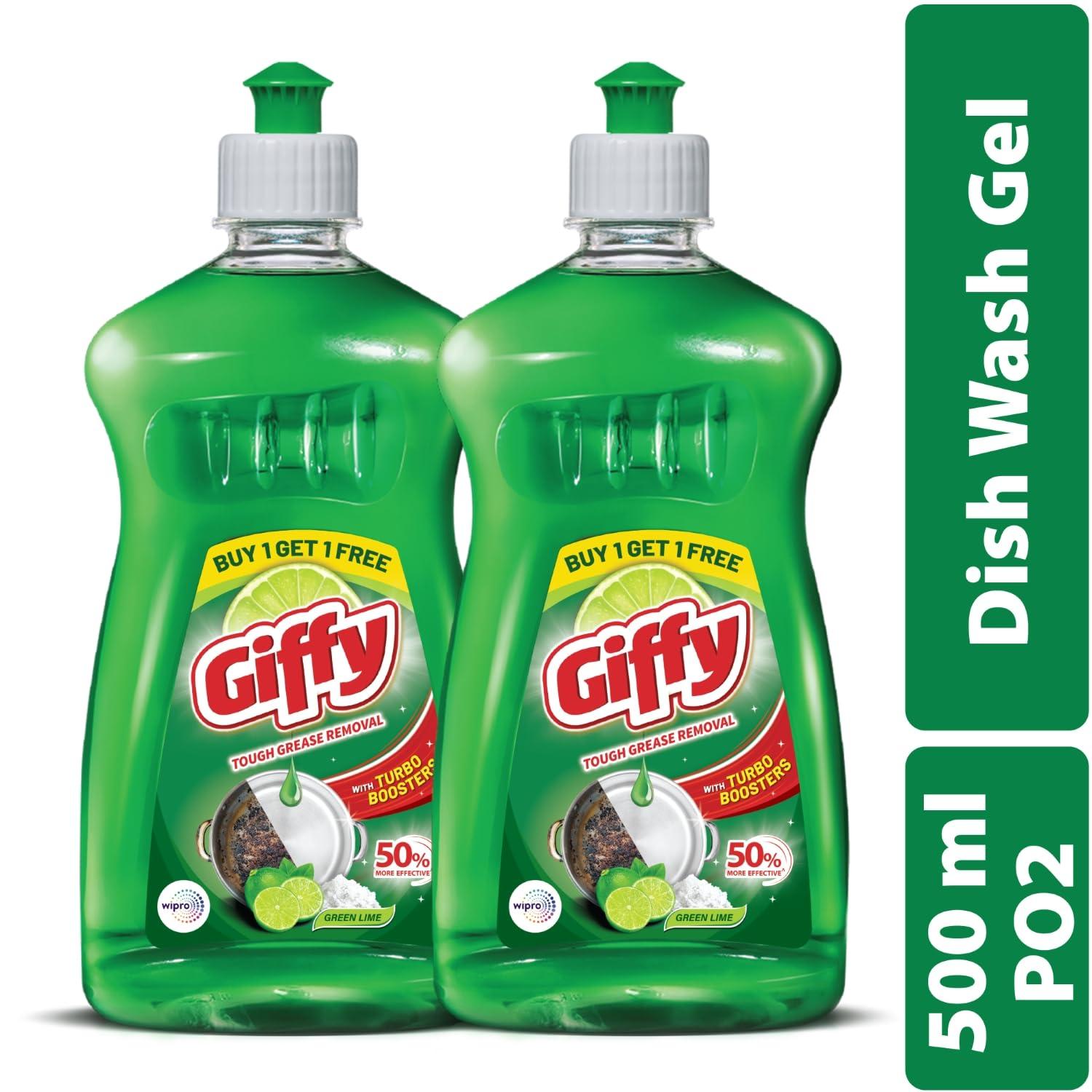 Giffy Giffy Concentrated Liquid Dish Wash Gel 500ml Pack of 2 with Active Salt & Lime| 2x Faster Tough Grease Removal & Mild Fragrance| Removes Tough Malodour| Leaves No White Residue| Hand-Safe