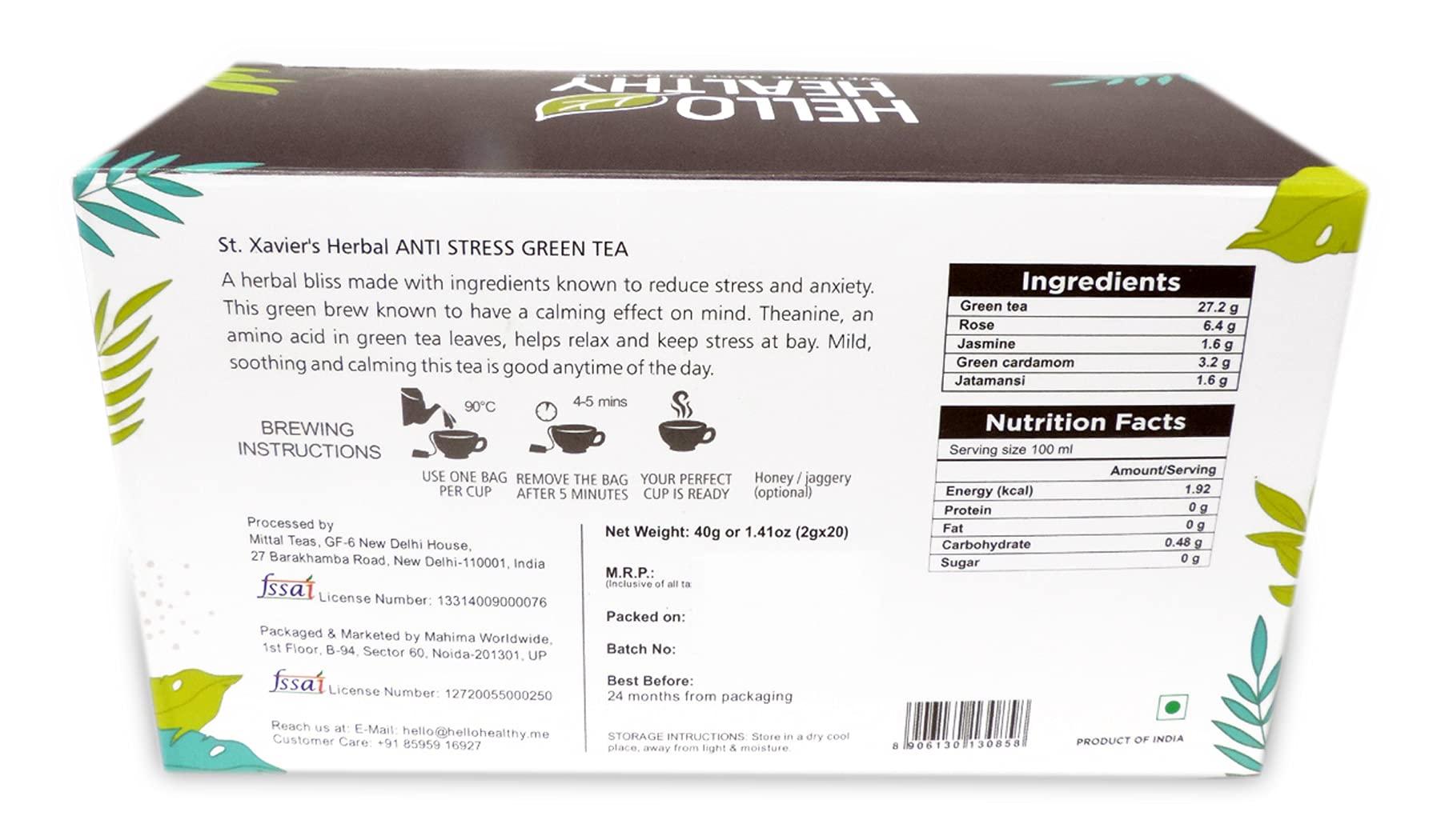Hello Healthy Hello Healthy St. Xavier\'s Herbal Anti Stress Green Tea | 20 Eco-Friendly Tea Bags | Herbal Tea Reduces stress and anxiety Green Tea Bags Box