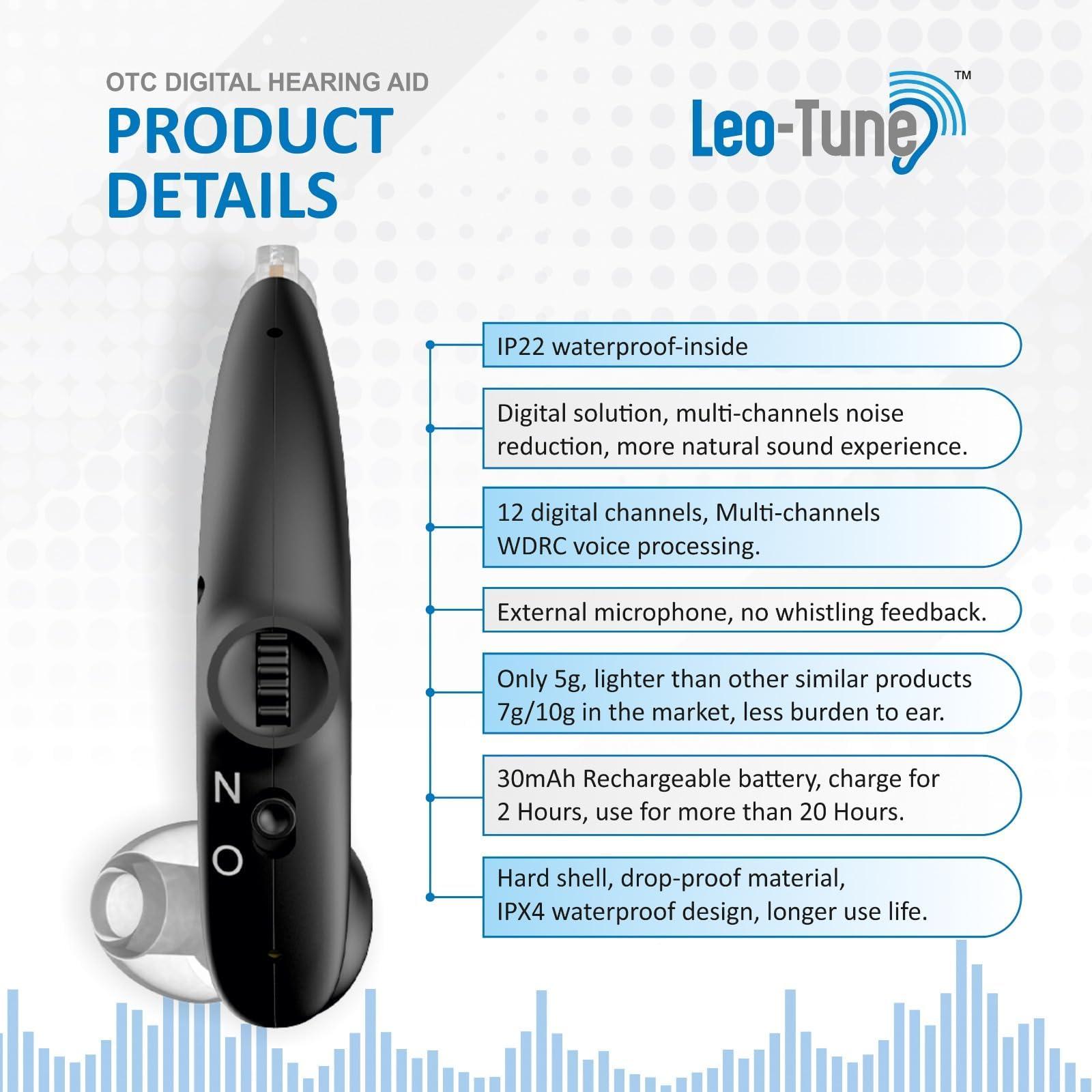 LEO-TUNE Leo-Tune OTC 12 Channel Rechargeable Hearing Aids (Not Amplifiers) Adjustable Volume Control Wheel, Right or Left Ear Compatible multi-channels noise reduction, more natural sound experience with 1 year warrenty (Black)
