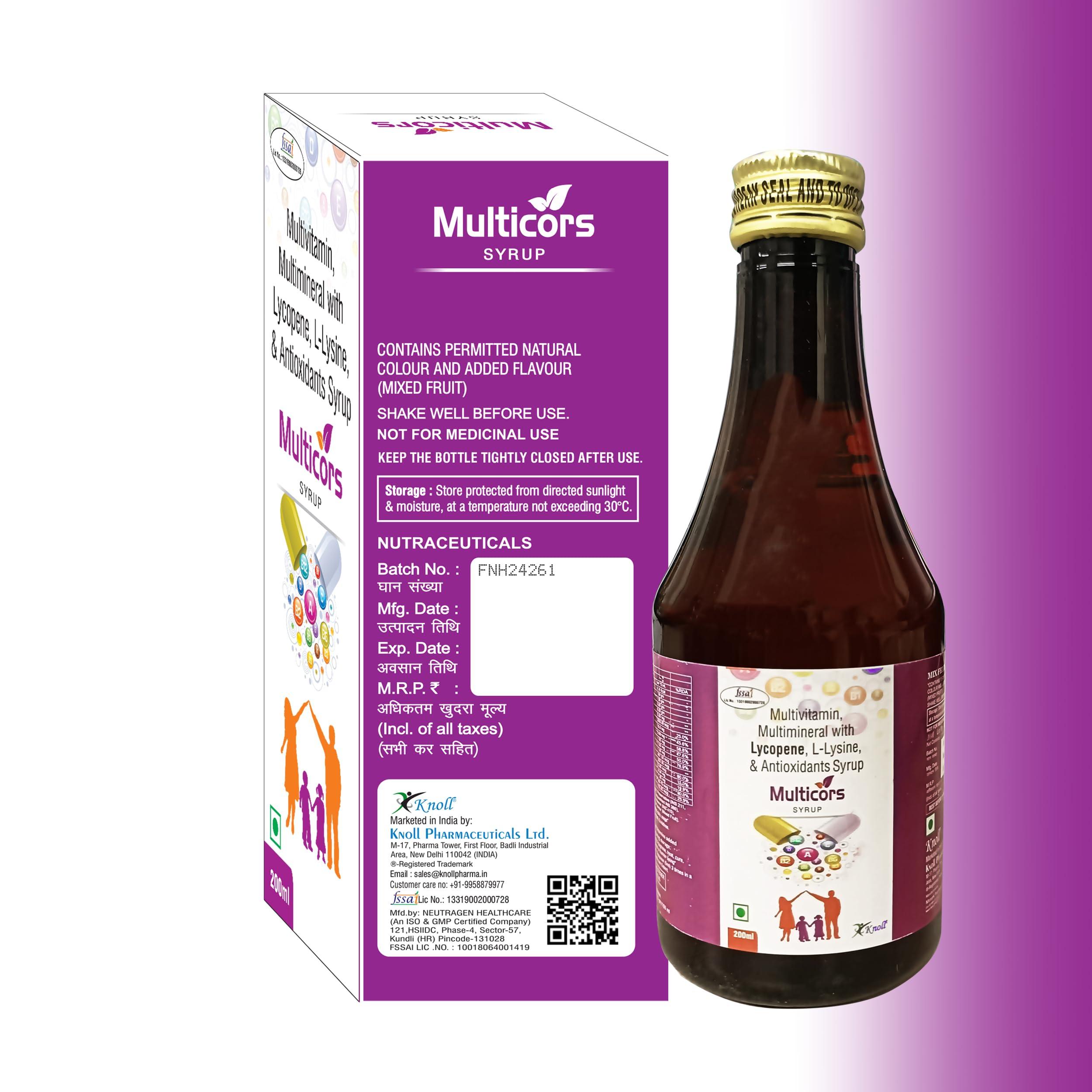 Knoll Healthcare Knoll Healthcare MULTICORS Multivitamin & Multimineral with Lycopene, L-Lysine, & Antioxidants Syrup 200ML