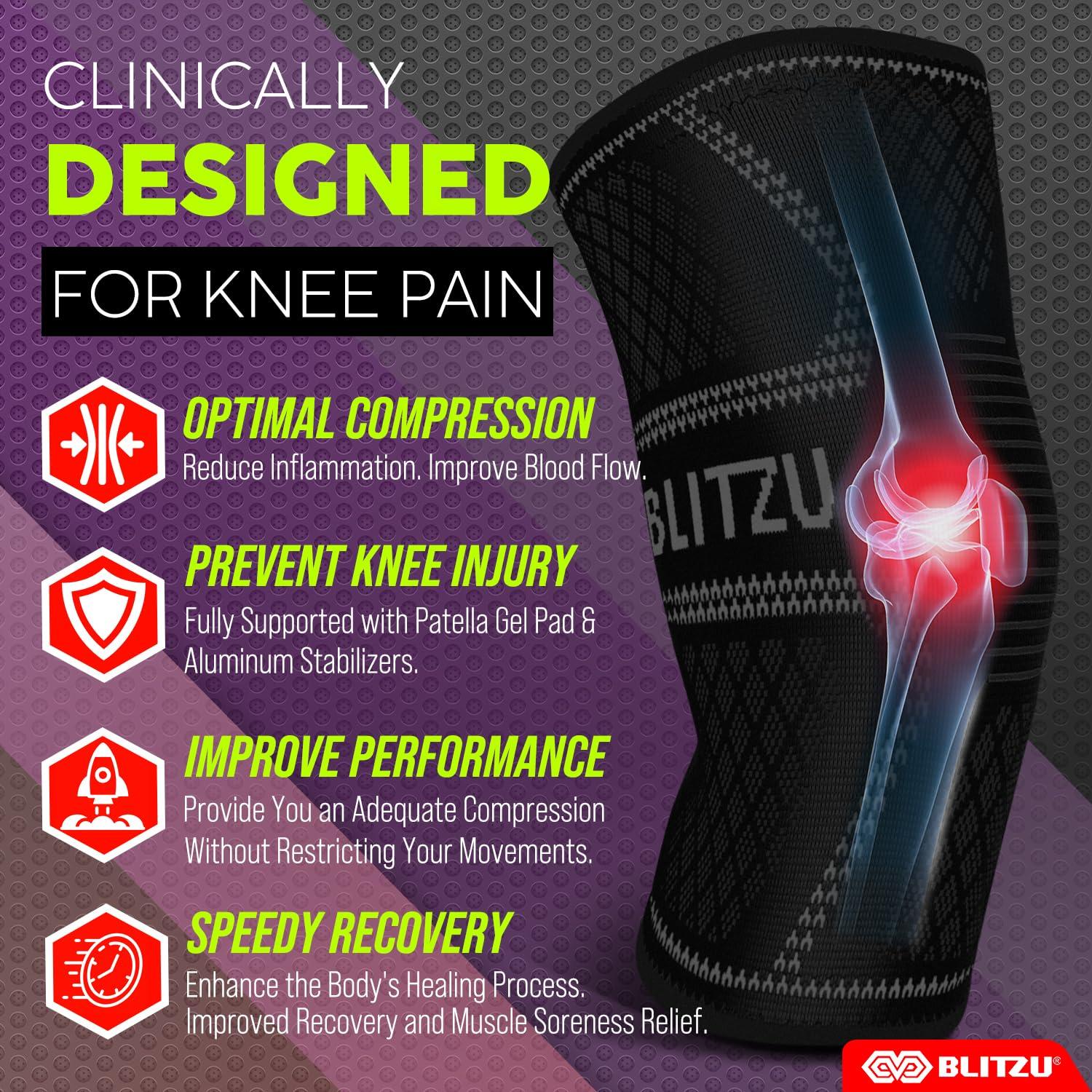 BLITZU BLITZU Flex Plus Compression Knee Brace Men and Women for Joint Pain, ACL MCL Arthritis Relief Meniscus Tear Support for Running Gym Workout Recovery Sleeves Strap Patella 7mm 5mm Neoprene Pad