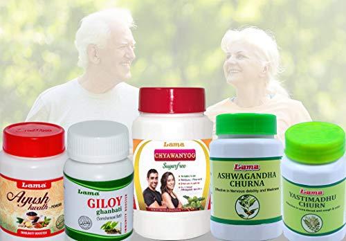 LAMA Immunity Kit for Senior Citizen (Diabetic) - Giloy Ghan Bati, Ayush Kwath Powder, Ashwagandha Churna, Yastimamdhu Churna, Chyawanyog 500g - 1 pack each