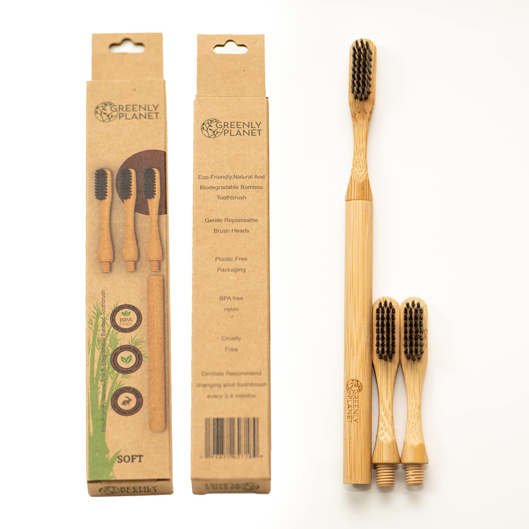 greenlyplanet greenlyplanet Bamboo Toothbrush Handle with 3 Replaceable Heads - BPA Free & Cruelty-Free Soft Bristles - Eco-Friendly Removable Toothbrush Set - Biodegradable & Compostable Wooden Toothbrushes