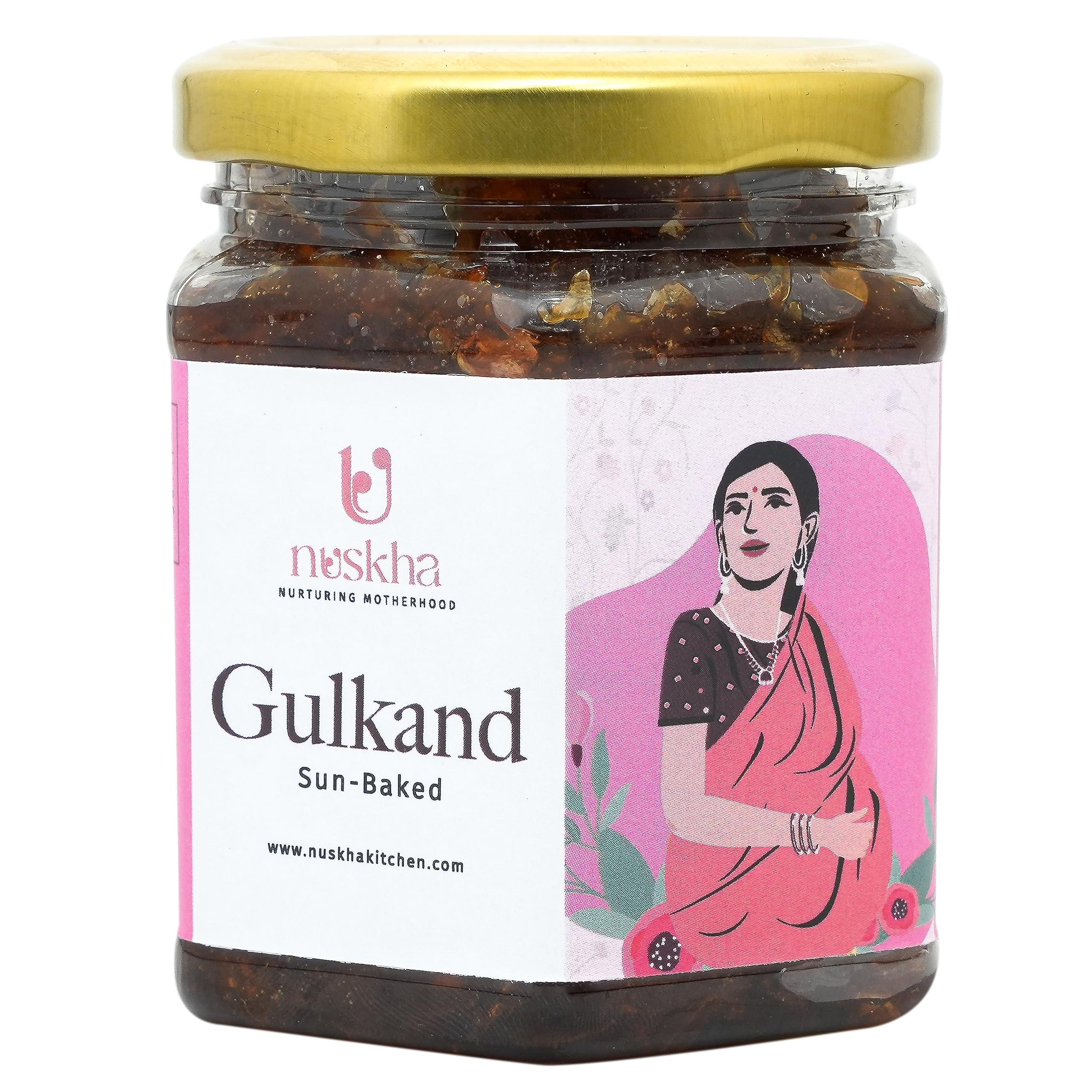 NUSKHA KITCHEN Gulkand from Nuskha | Organic Gulkand | Rose Petal jam | Pregnancy Food | Natural Coolant | Enriched with Prawal Sun-cooked Indian (Rose Petal Jam) | Sugar-Free Gulkand