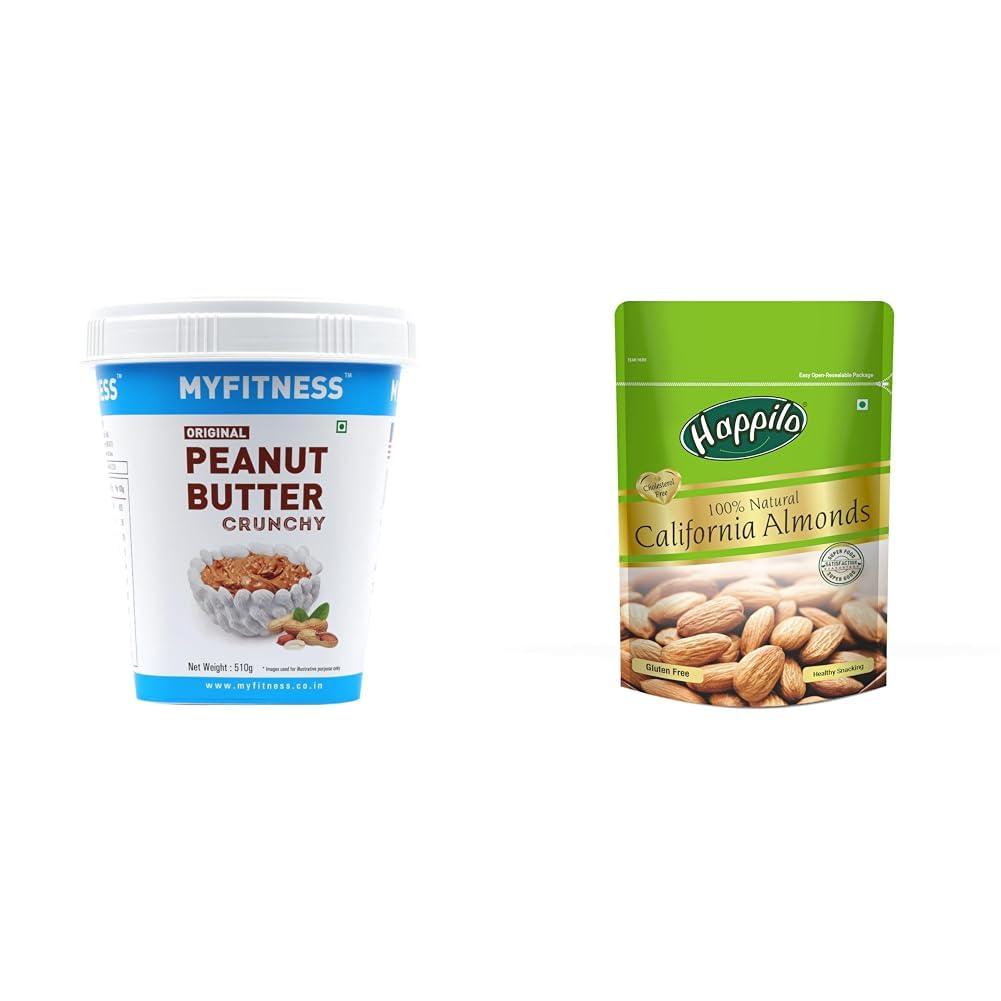 MYFITNESS MYFITNESS Original Peanut Butter Crunchy 510g | 25g Protein to Boost Energy & Happilo 100% Natural Premium California Almonds 200 g Dried