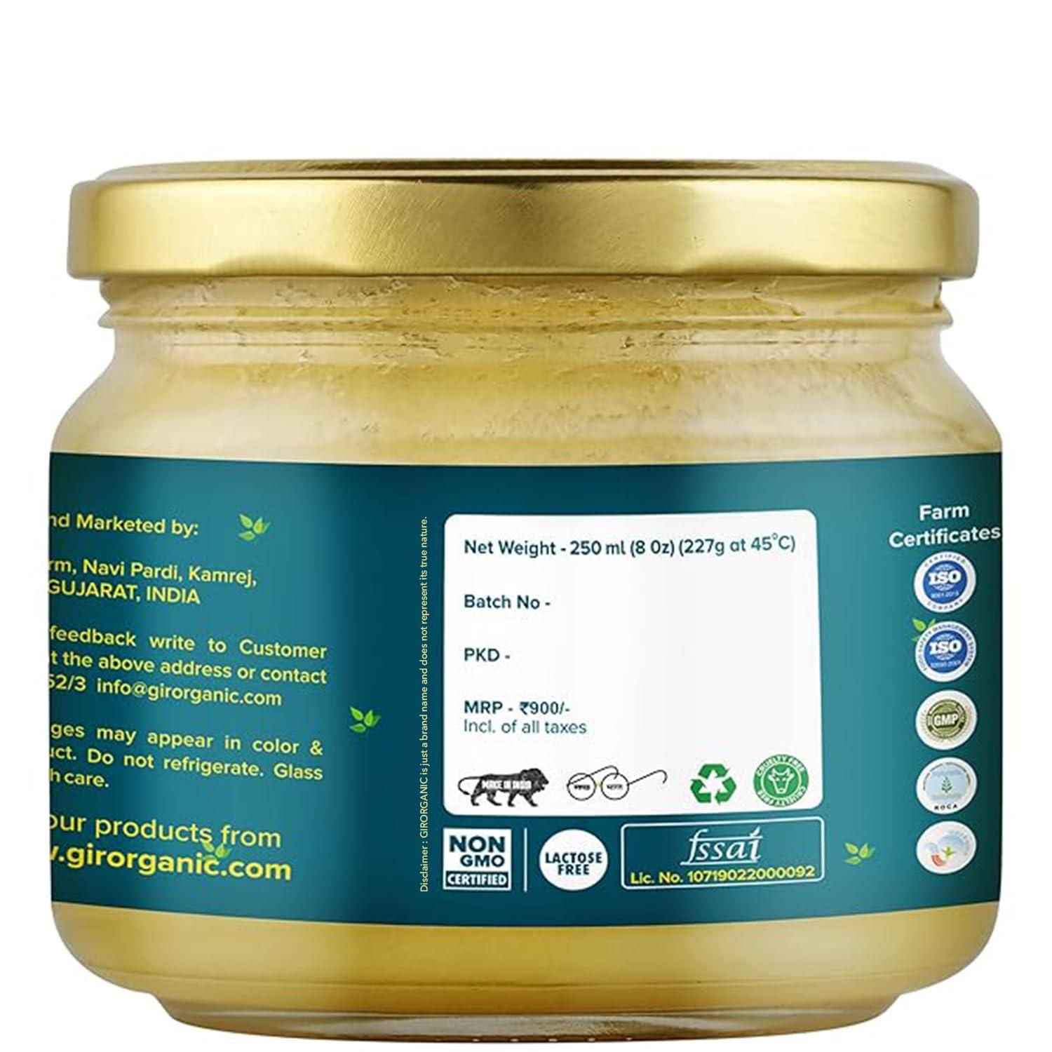 GirOrganic GirOrganic A2 Pure Ghee - 250 millilitre Glass Bottle | 100% Gir Cow Ghee | Vedic Bilona Method | Grassfed, Cultured, Premium & Traditional Ghee | Immunity Booster