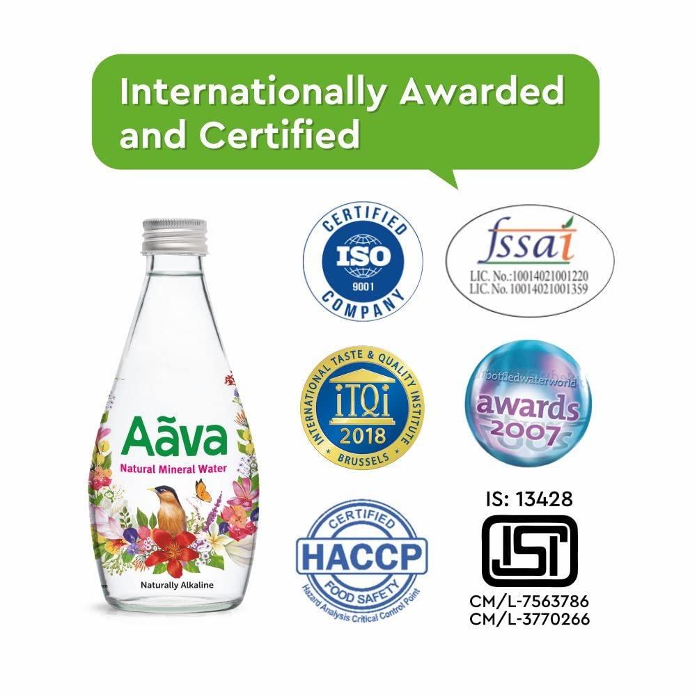 AAVA Aava Natural Mineral Water 250 ml Glass Bottle (Naturally Alkaline ; Origin Aravalli Range; pH 8+; Natural Fortified with Calcium and Magnesium) (Pack of 8)