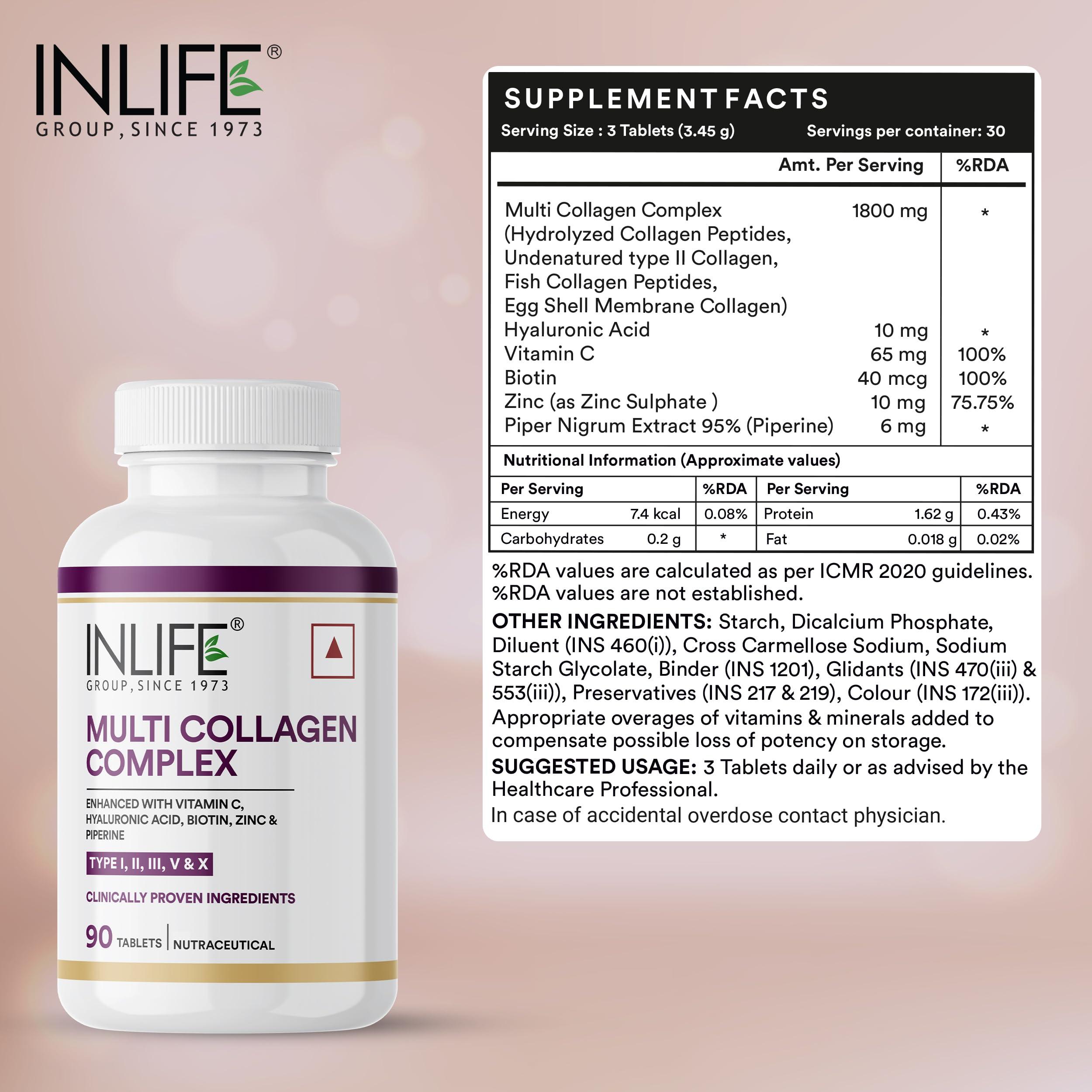 Inlife INLIFE Multi Collagen Complex Tablets | 5 Types Peptides I, II, III, V & X with Biotin, Hyaluronic Acid | Collagen Powder Supplements for Women & Men - 90 Tablets (Pack of 1, 90)