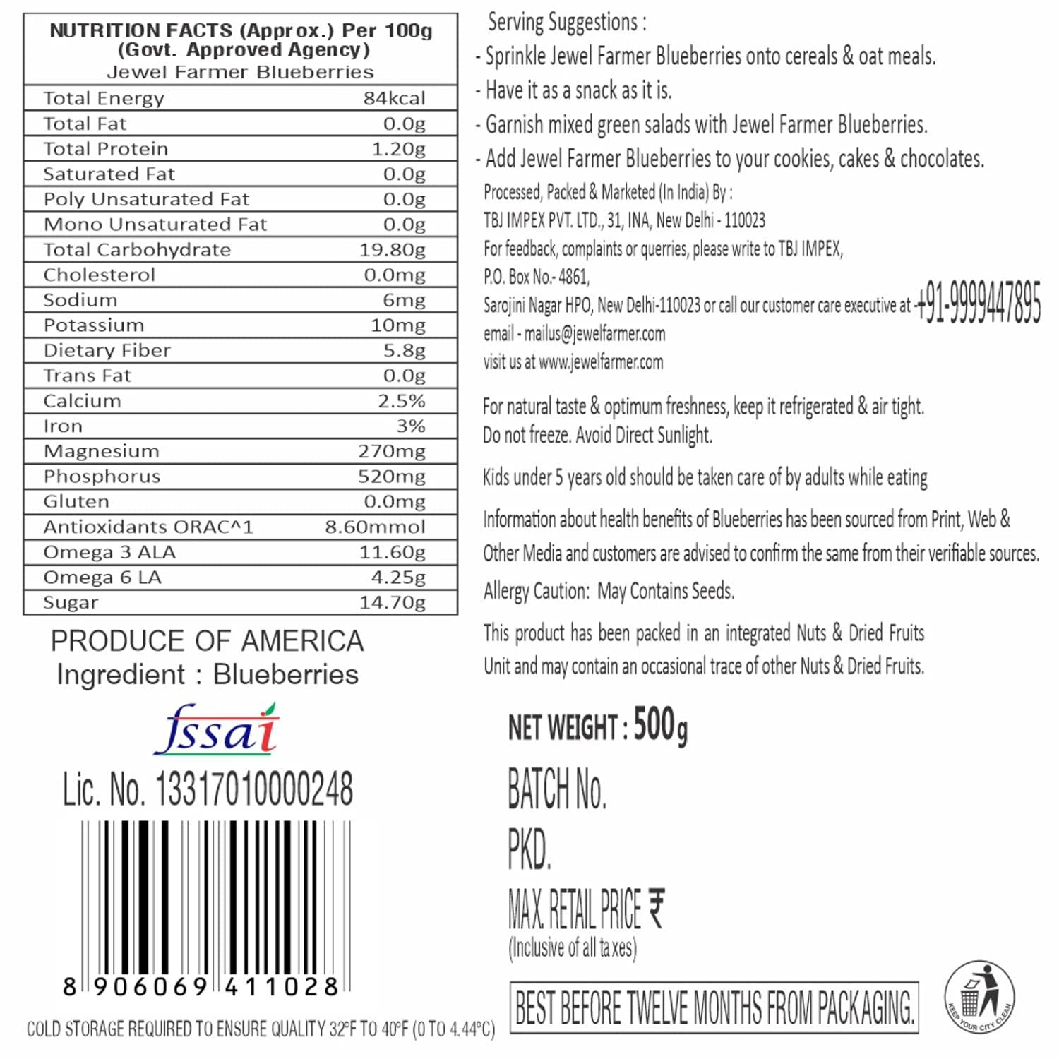 JEWEL FARMER JEWEL FARMER American Dried Blueberries Organic & Natural Ready to Eat (500g)