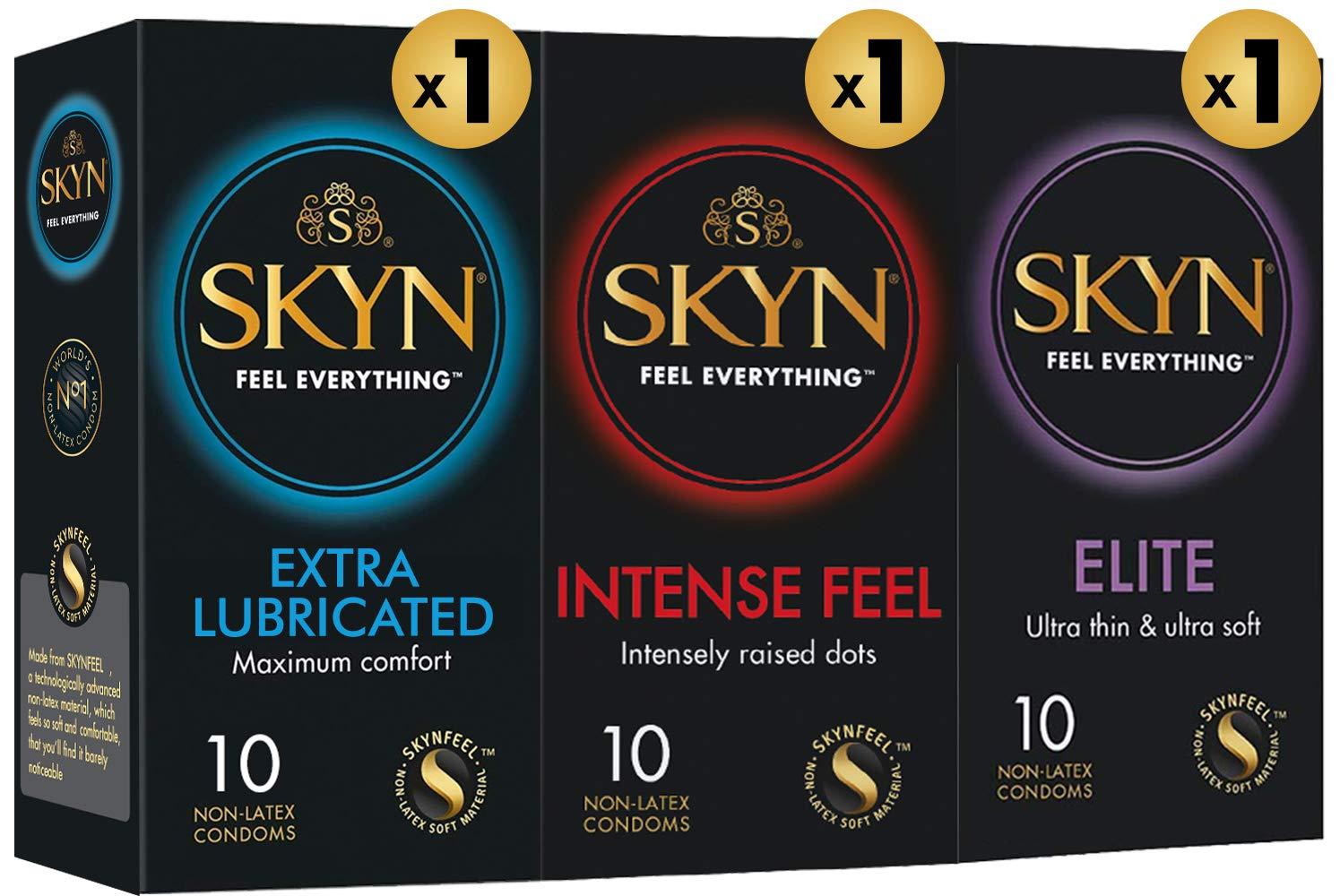 SKYN Skyn Multi Pack Condoms for Men (Extra lube, Intense feel, Elite) 30 count(Pack of 3) |Feel Everything|Latex Free