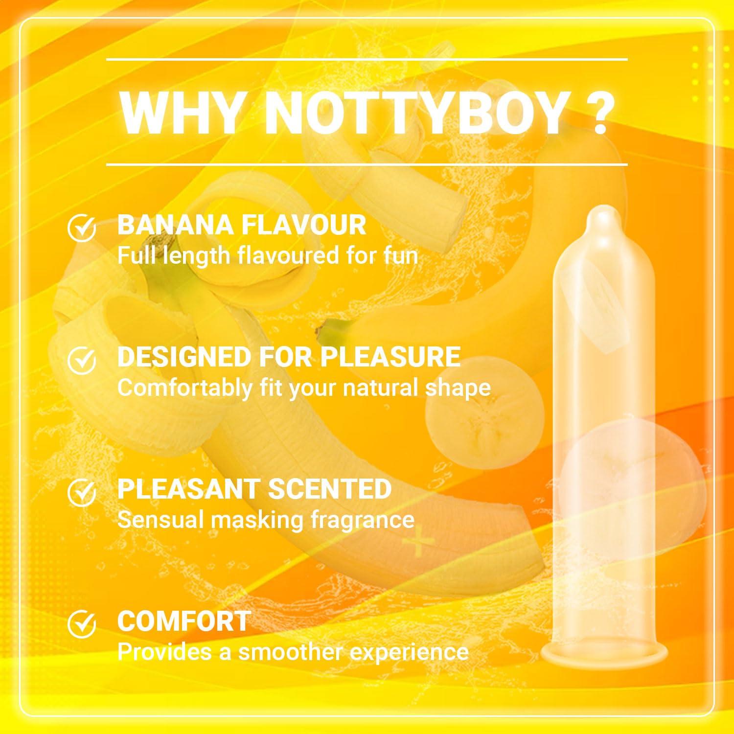NOTTY BOY NOTTY BOY Banana Flavoured Condom For Men | Extra Thin Latex, Added Lubrication For More Comfort - 15 Units (Pack of 5)