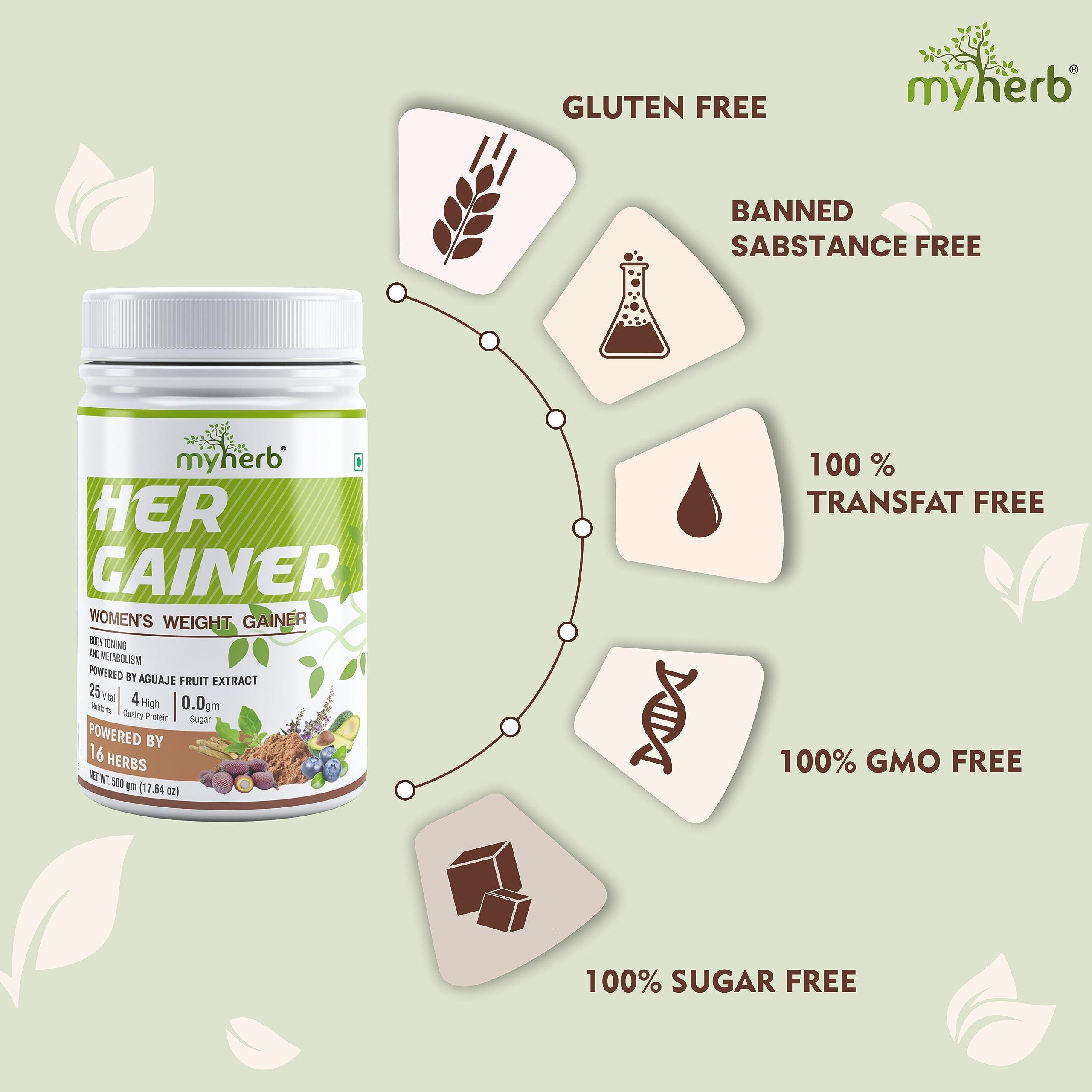 Myherb MYHERB Womens Weight Gainer,Her Gainer With 16 Herbs & Aguaje Fruit,3 High Qaulity Protien,For Weight & Mass Gainer And Muscle Growth For Women (1 kg (Pack of 1), Chocolate)