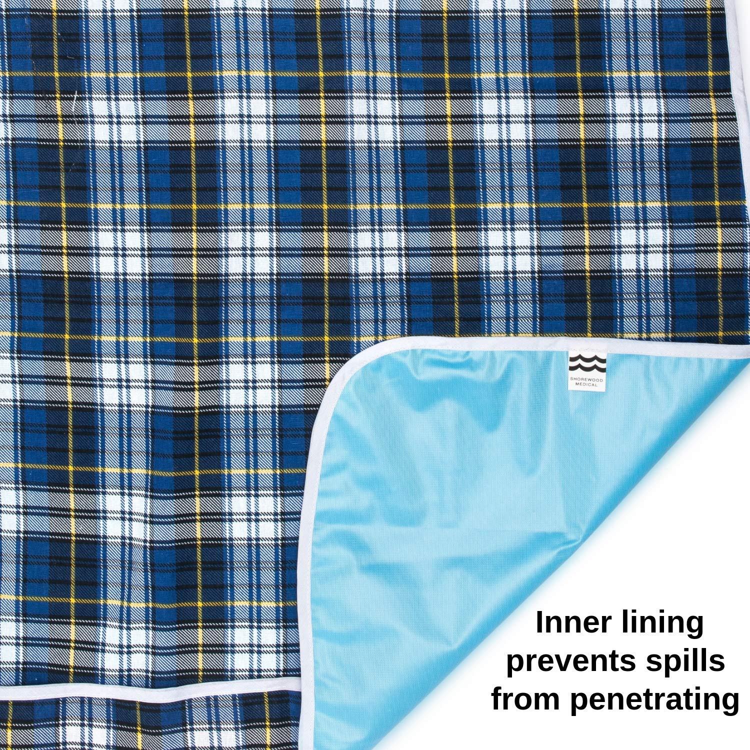 Shorewood Medical Adult Bib for Eating, Waterproof Clothing Protector with Crumb Catcher. Machine Washable, (Blue Plaid)