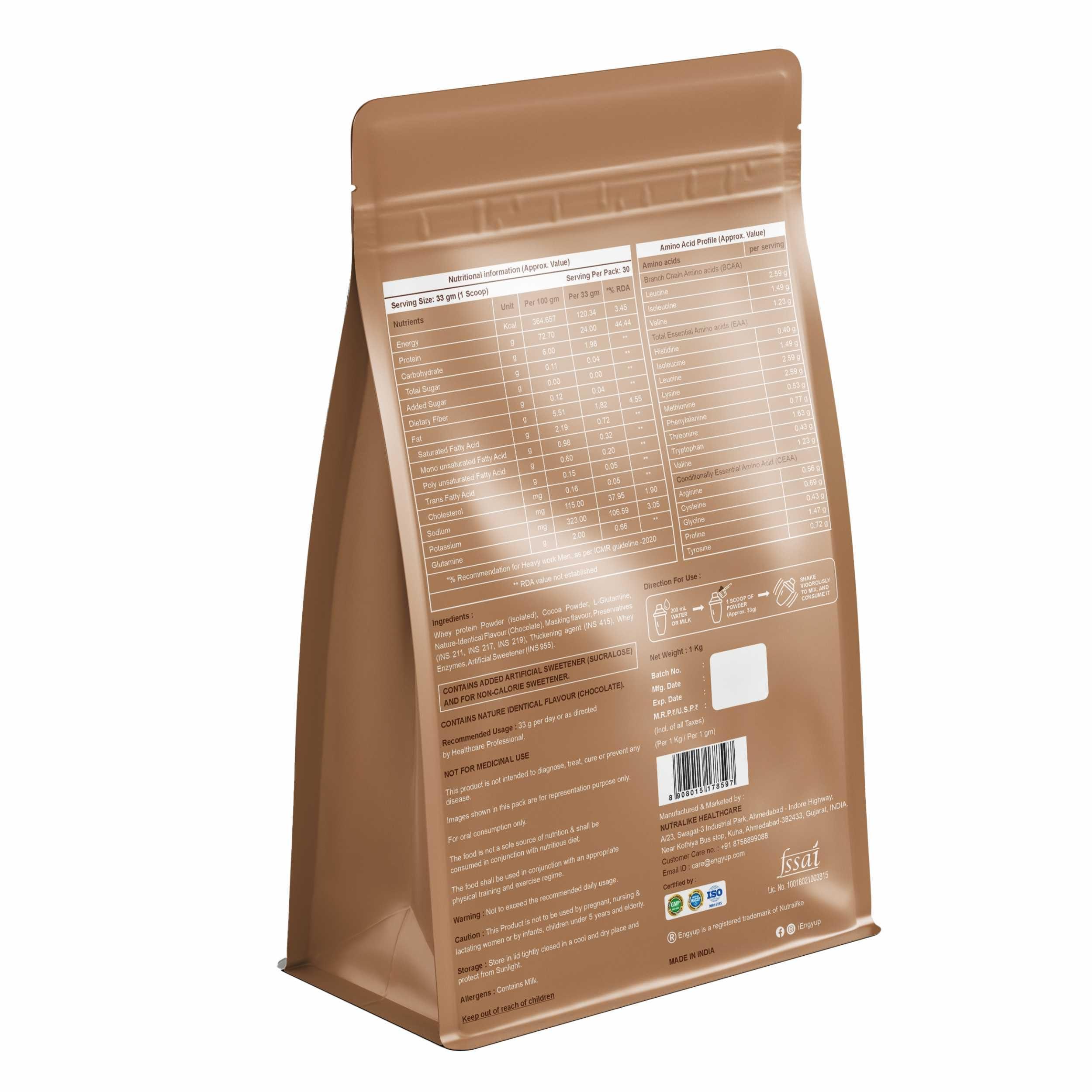 ENGYUP ENGYUP Whey Protein Isolate 90%, 24g Protein, Rich BCAA & EAA Profile, Chocolate Flavor, 1Kg