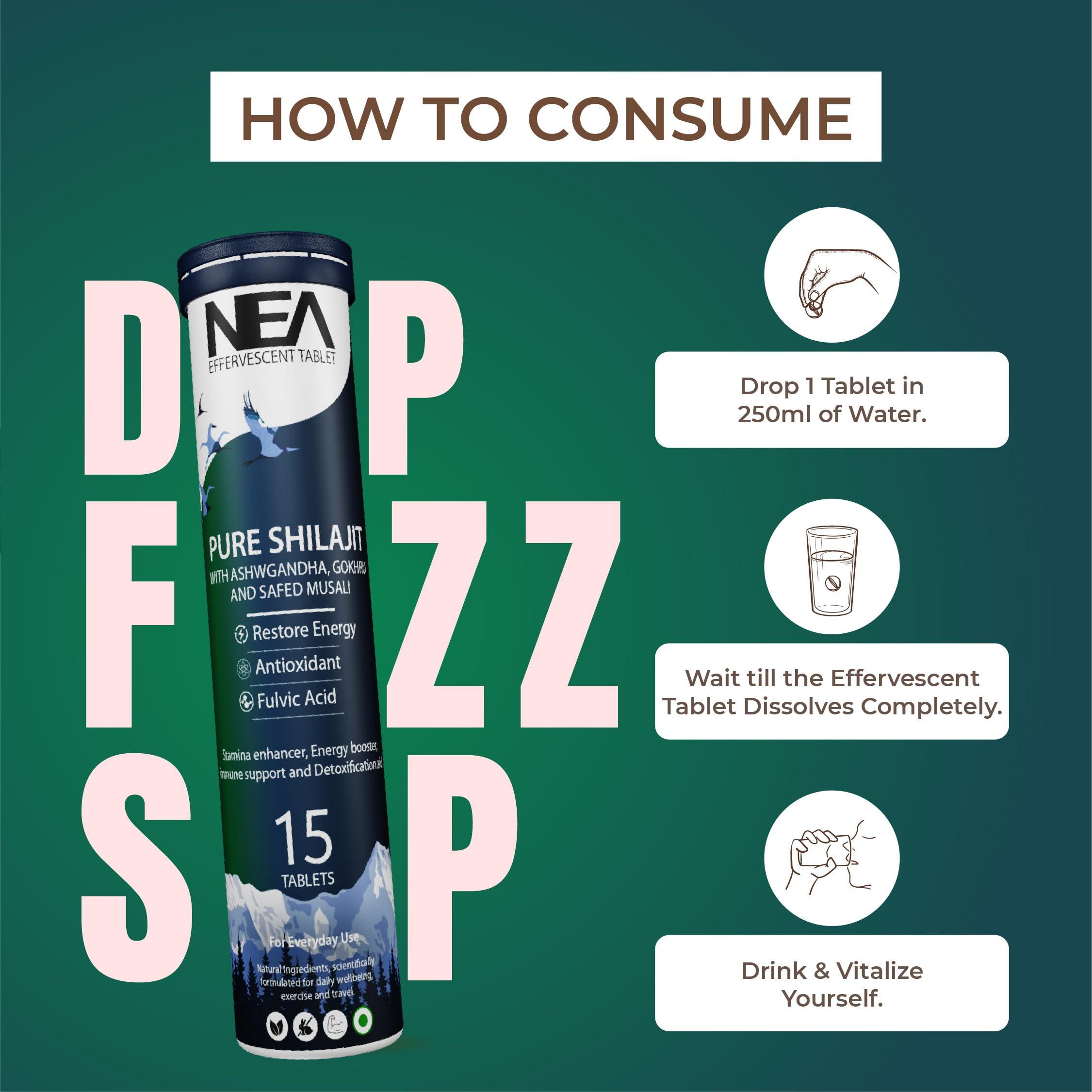 NEA Nea Ayurvedic Himalayan Shilajit Effervescent with Ashwagandha, Safed Musli & Gokhru | 2 Bottles of 15 Tablets Each