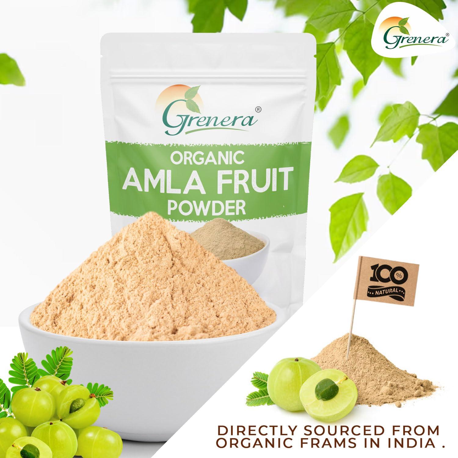 GRENERA Grenera Organic Amla Fruit Powder 100 grams for Multi purpose use. Indian Gooseberries for drinking and eating, no added preservatives