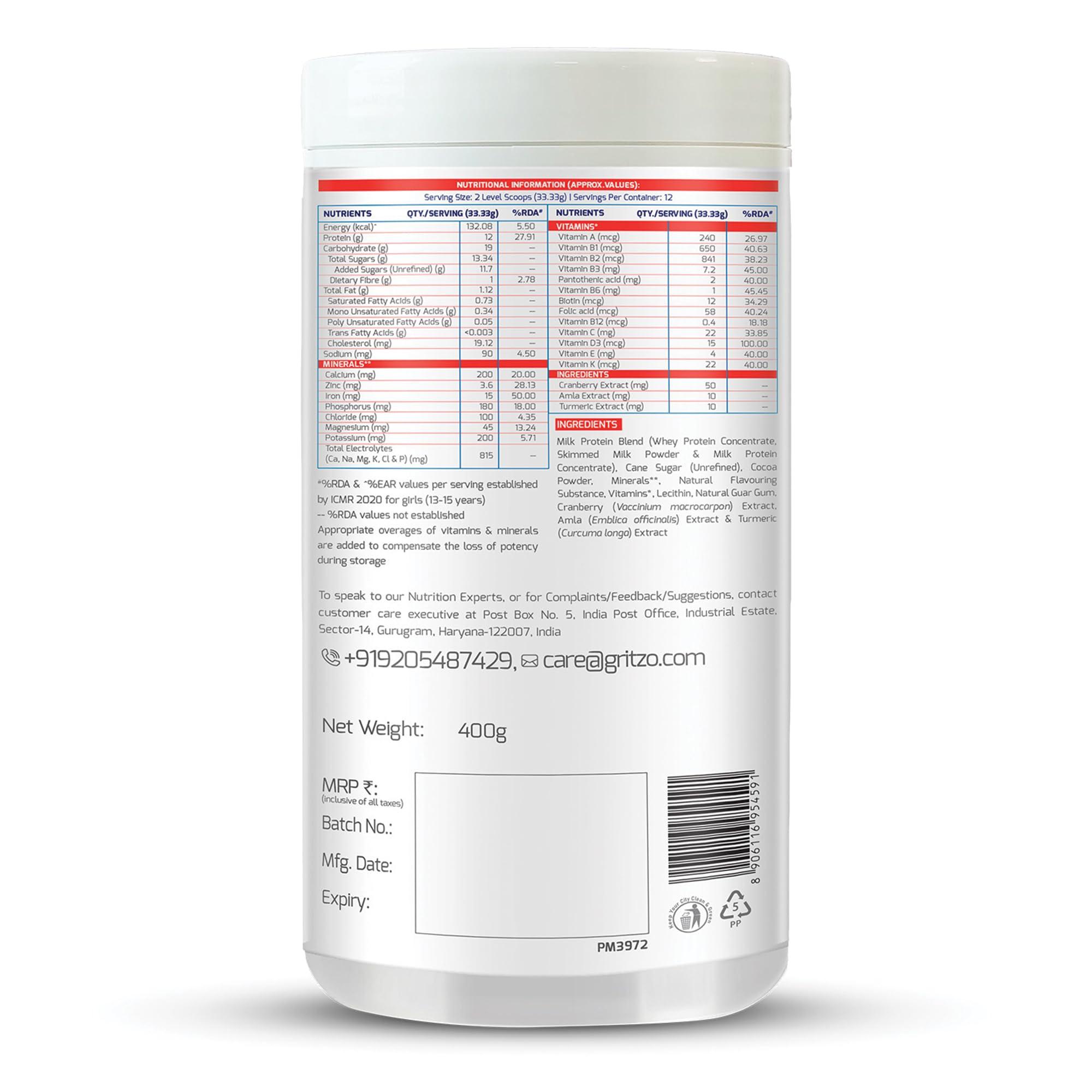 Gritzo Gritzo SuperMilk Overall Growth (13+y Girls), 12g Protein (Double Chocolate, 400g) | Zero Refined Sugar, 21 Vitamins & Minerals