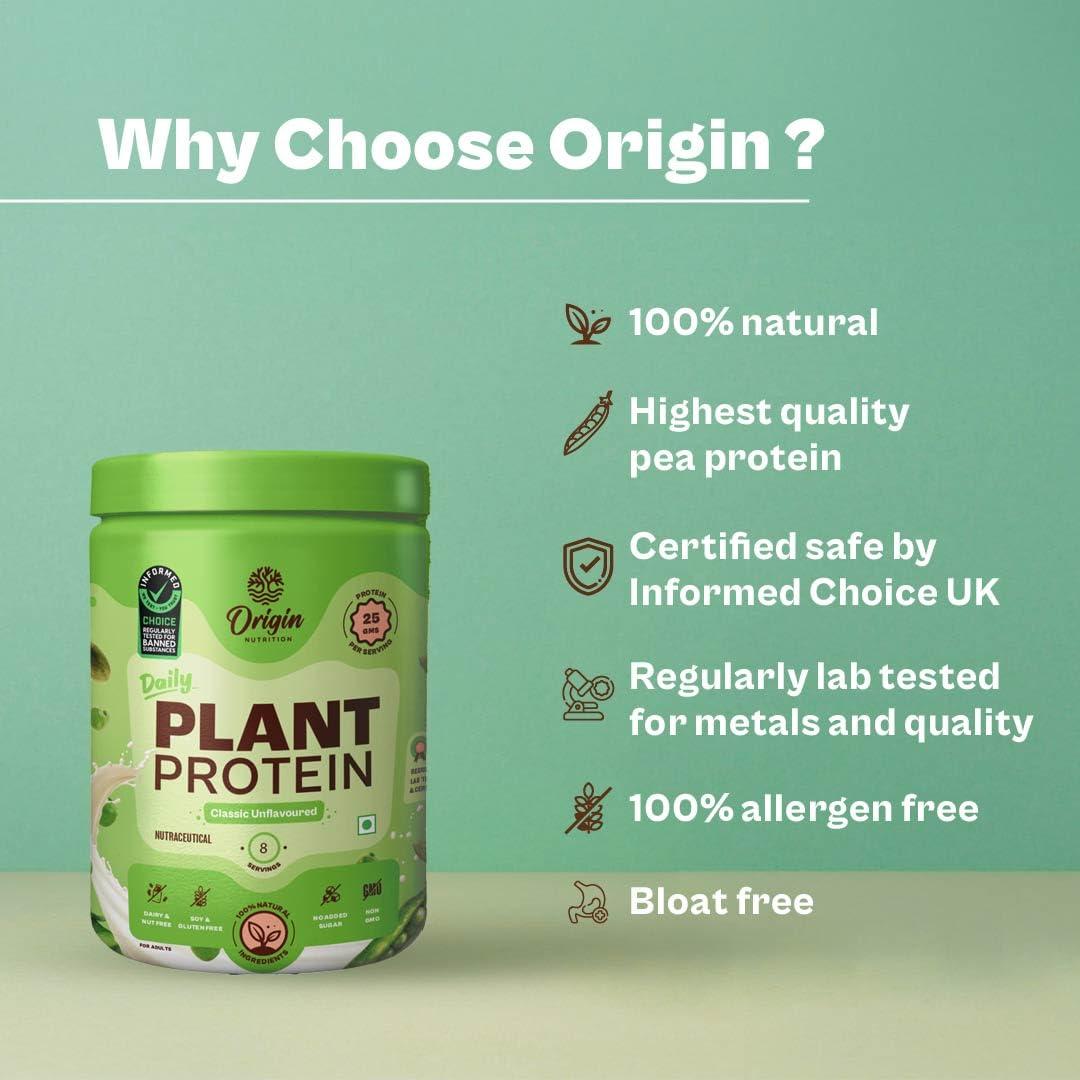 ORIGIN NUTRITION Origin Nutrition 100% Natural Vegan Protein Powder, Unflavoured with 25g Plant Based Protein, Gluten Free, Dairy Free, No Added Sugar, Soy Free, Non - GMO, Jain, 8 Servings, 260g
