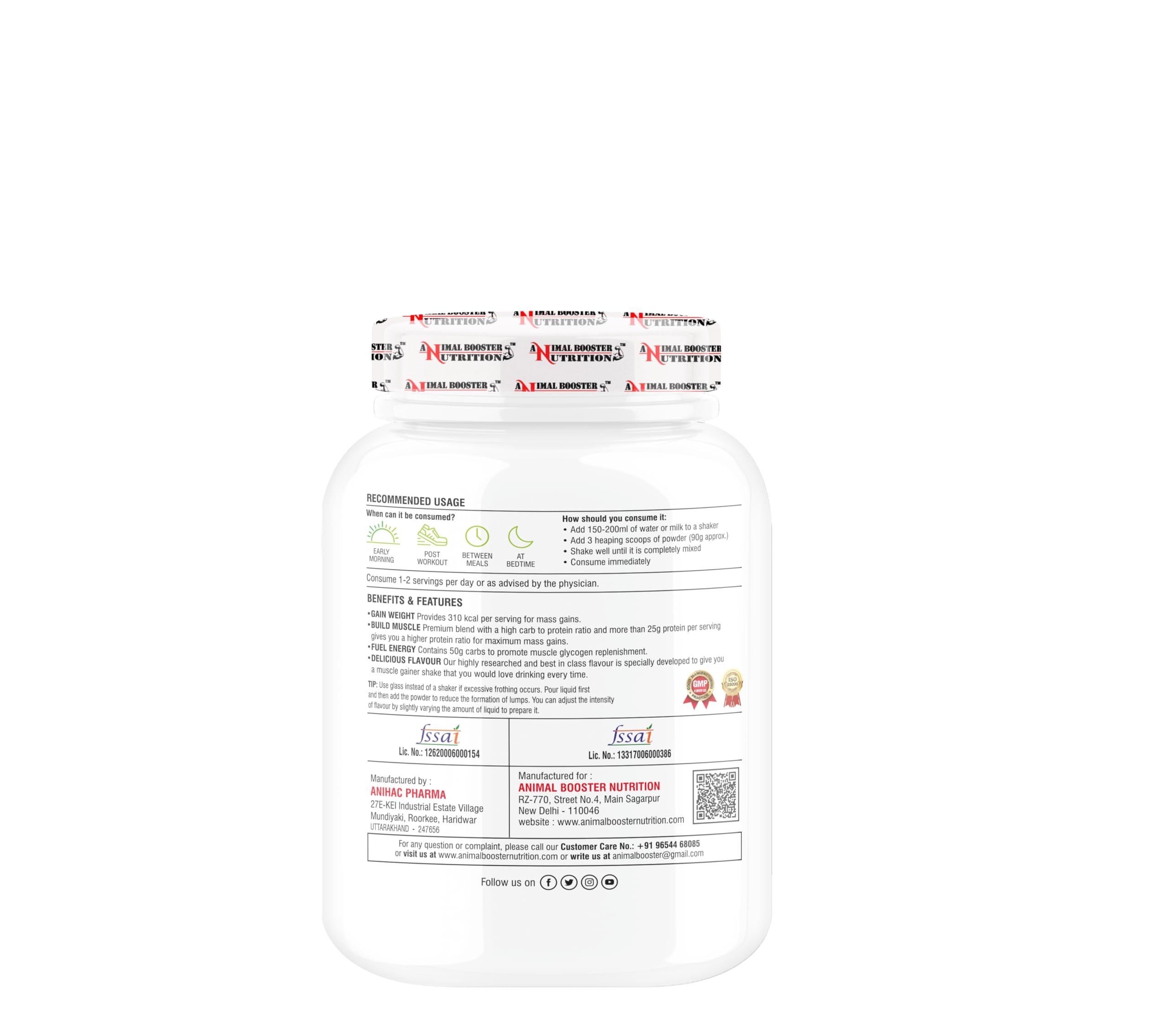 ANIMAL BOOSTER NUTRITION Animal Booster Nutrition Maha Mass Gainer, 25 Gram Of Protein in 90gm of Serving Helps in Gain Weight, Build Muscle & Fuel Energy (Mango Flavor) (11Servings/1KG)