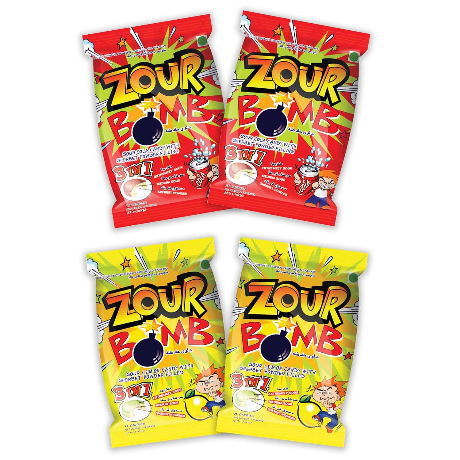 Zour Bomb Zour Bomb Sour Candy Combo Pack of 4 (Cola & Lemon) 110g each, Candies from Thailand, Share with Friends & Family