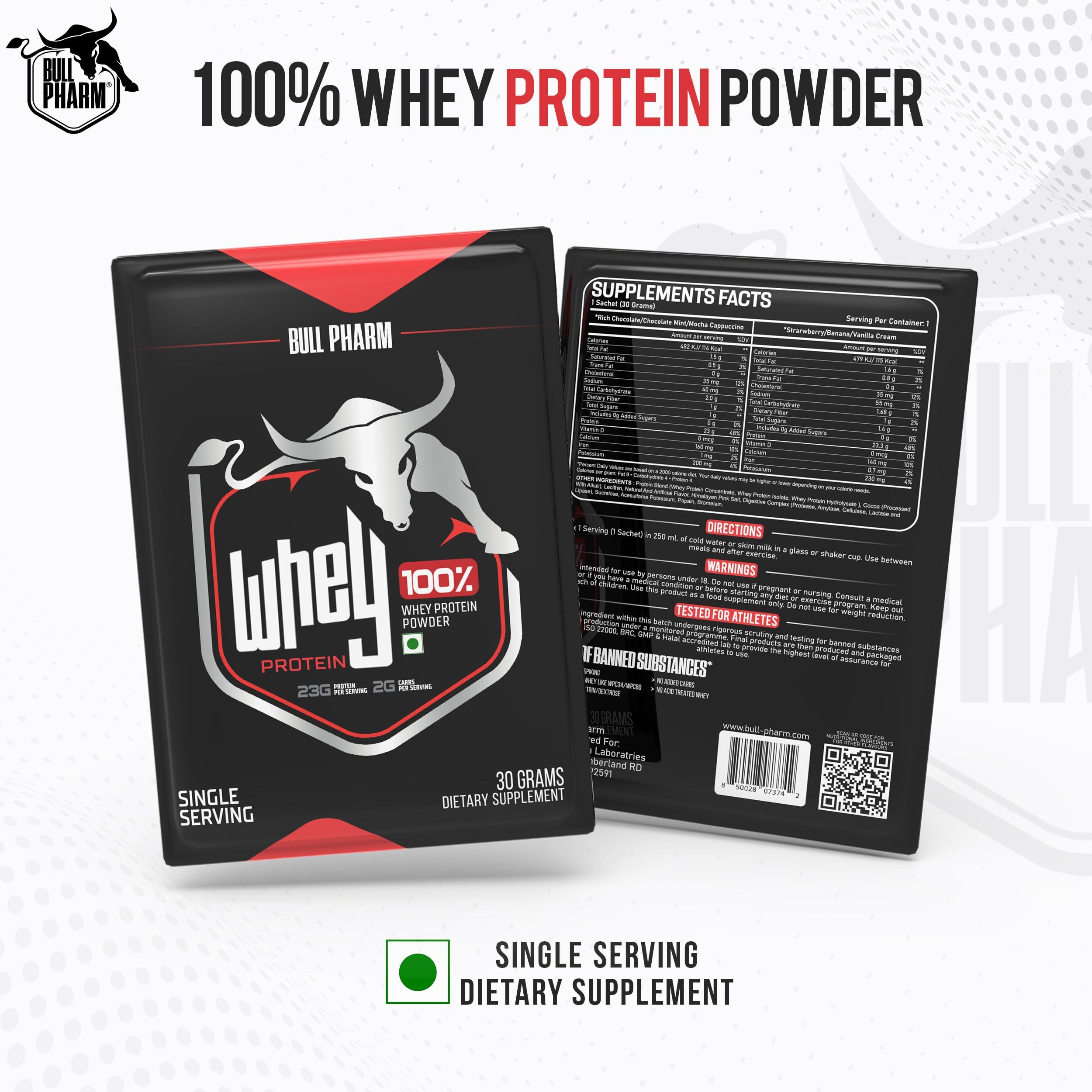 BULLPHARM BULLPHARM 100% WHEY PROTEIN POWDER | FOR LEAN MUSCLE, QUICK RECOVERY | FAST ABSORPTION | NATURAL BCAA AND EAA | NON-GMO | SOY & GLUTEN FREE | RBGH FREE | FSSAI APPROVED (Rich Chocolate, 30 grams)