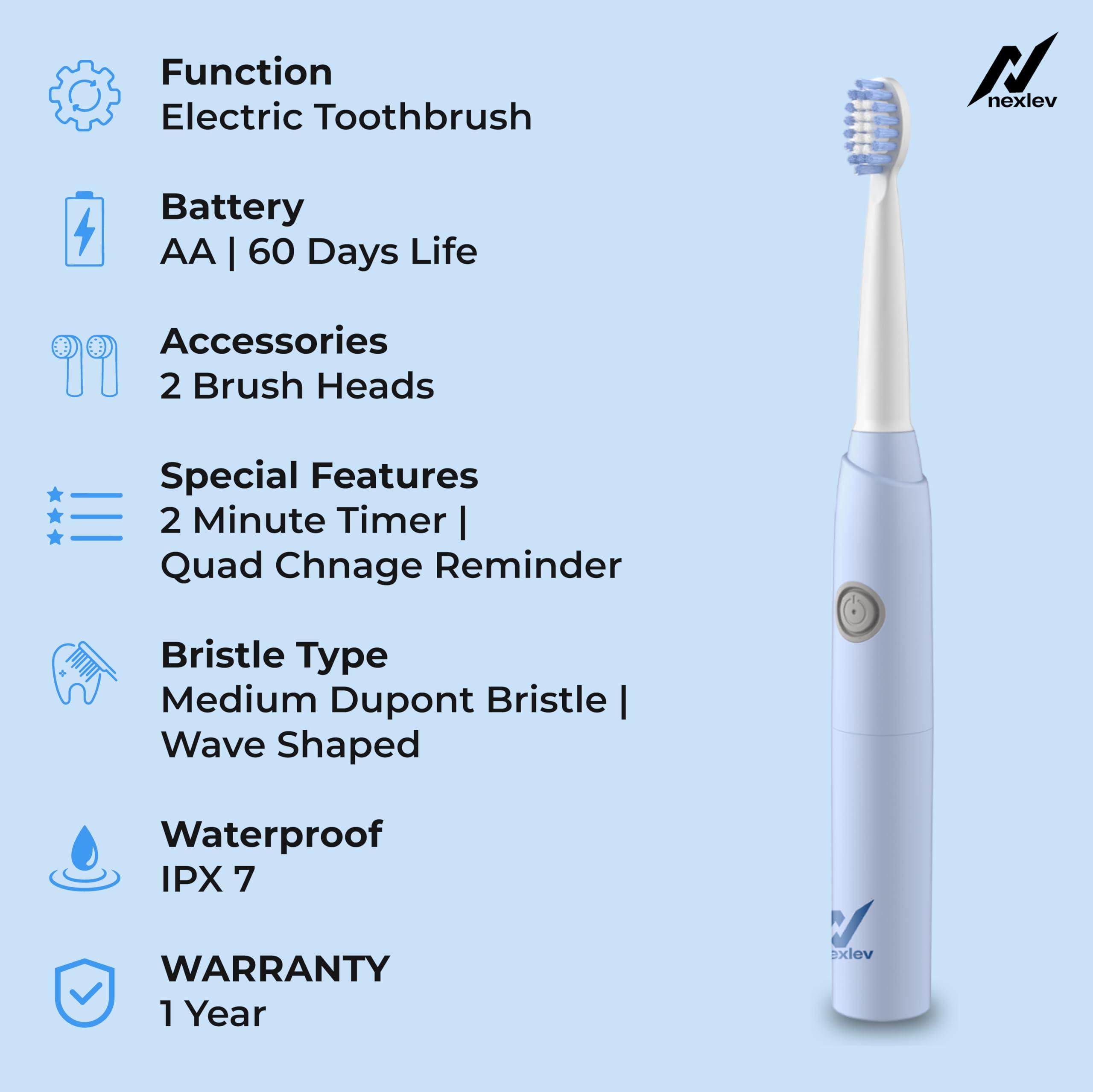 nexlev Nexlev Sonic Electric Toothbrush| Powerful Sonic technology|Super soft DuPont Bristles| 2 Replaceable Brush Heads with Cover| IPX7 Waterproof| AA Battery|for Adults|Gentle Oral Care|Smart Smile ET-03