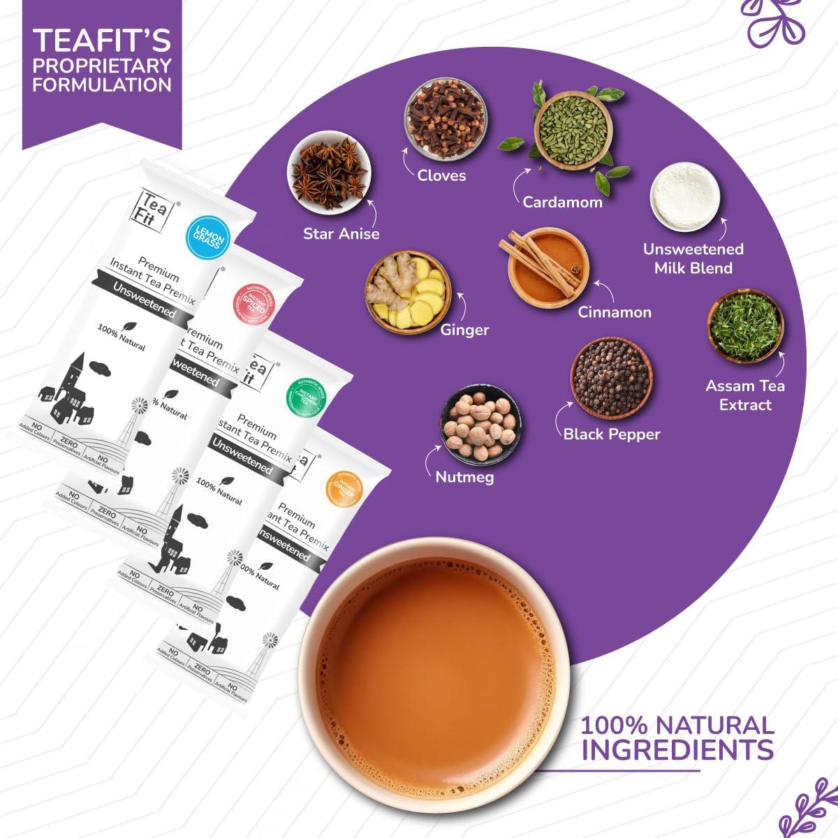 TeaFit TeaFit Premium Zero Sugar Instant Assorted Tea Pack of 24 Sachets (336gm) | Ginger-Cardamom-Masala-Saffron-Lemongrass Instant Milk Tea Premix | Diabetic Friendly | Instant Tea Premix | Tea Powder