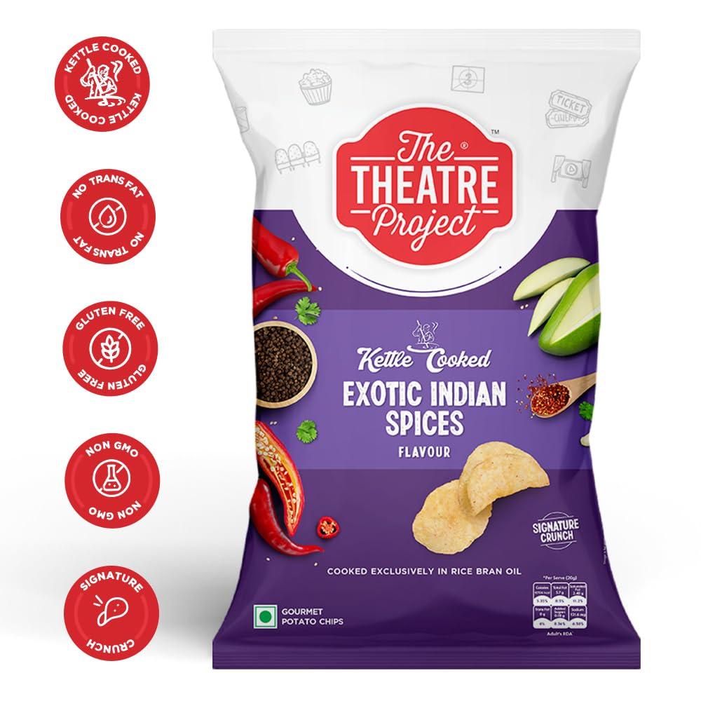 THE THEATRE PROJECT The Theatre Project Kettle Cooked Potato Chips Exotic Indian Spices Flavor Combo Pack of 5 Pouches, 410g Total Crispy, Crunchy Chips with Bold Spices Gluten-Free, No Artificial Flavors or Preservatives