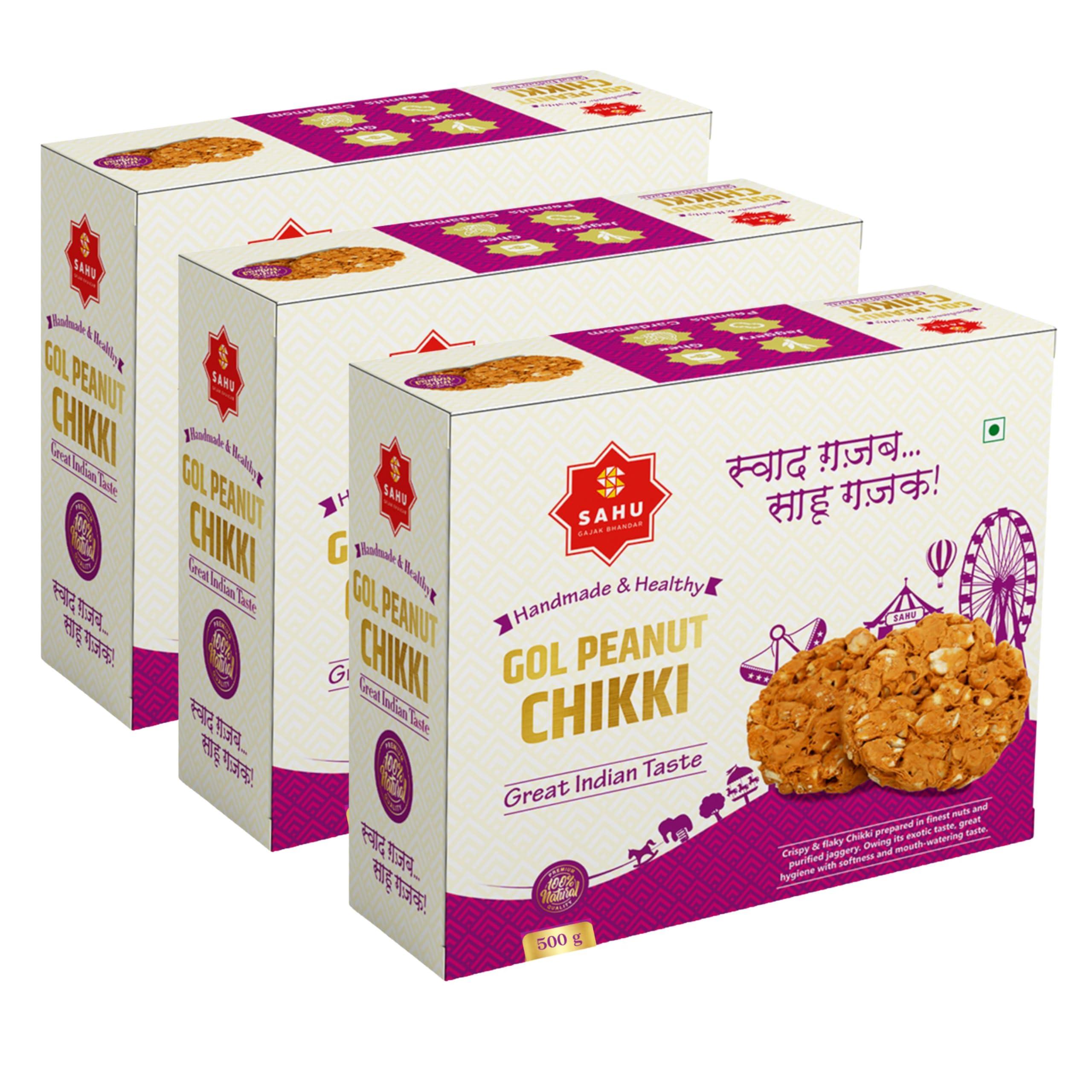 SAHU GAJAK BHANDAR SAHU GAJAK BHANDAR Gol Roasted Peanut Chikki Snacks 1500 gm (Pack of 3 Box Each 500g ) | Chiki | Chikibar | Chikki | Chikkies | Chikkie