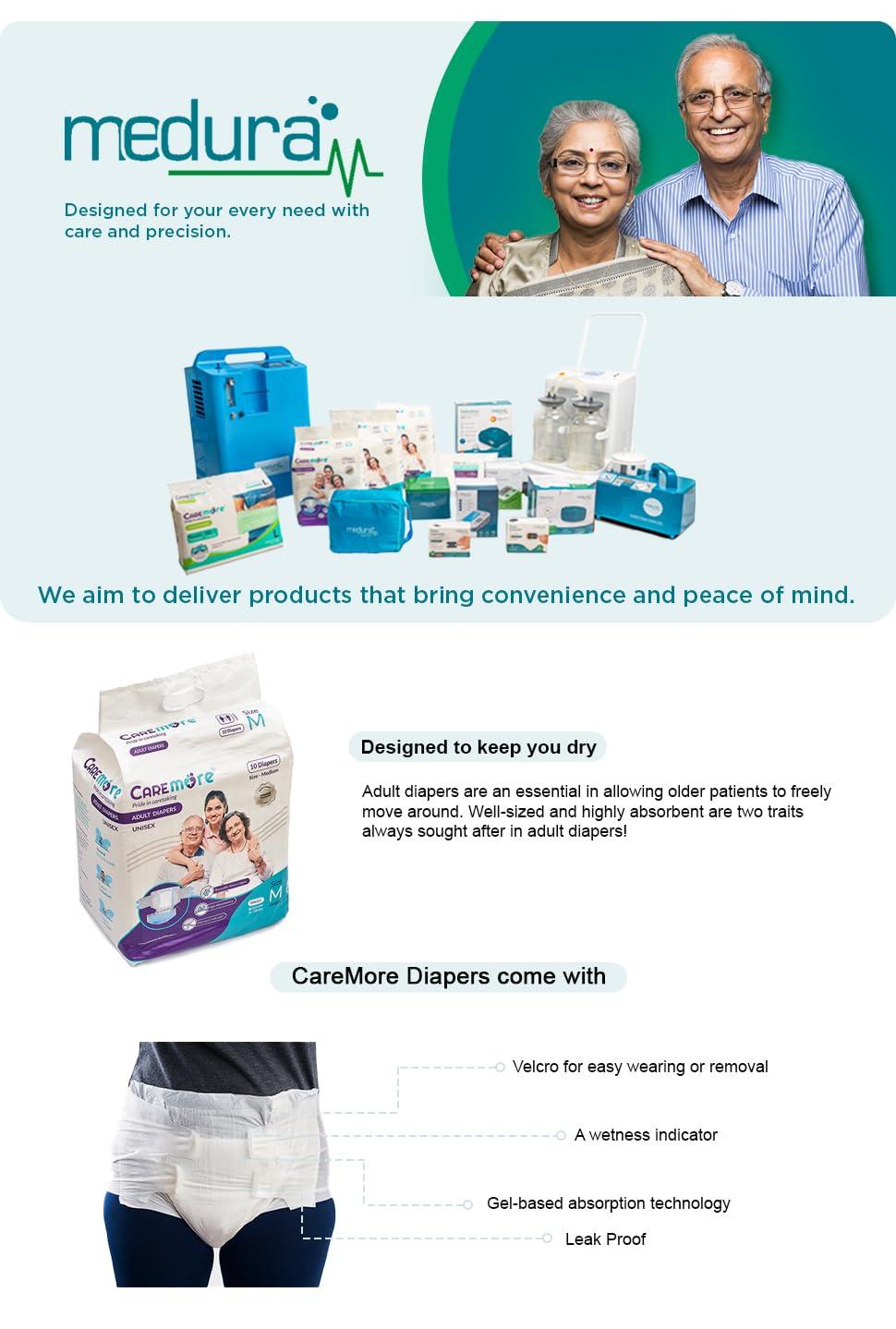 Medura Healthcare CareMore Unisex Adult Diapers- 34-60 inch Waist (10 Pcs), High Absorbance light weight diapers (Large)