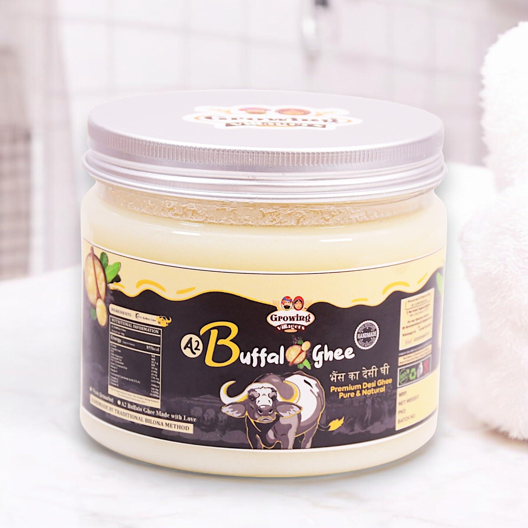 Growing Villagers Growing Villagers A2 Desi Buffalo Ghee 1 Litre | Organic Curd Churned Desi Ghee | Murrah Buffalo Bilona Method Ghee | Homemade Shudh Desi Bhes Ka Ghee - 2 Jars Of 500 ml Each