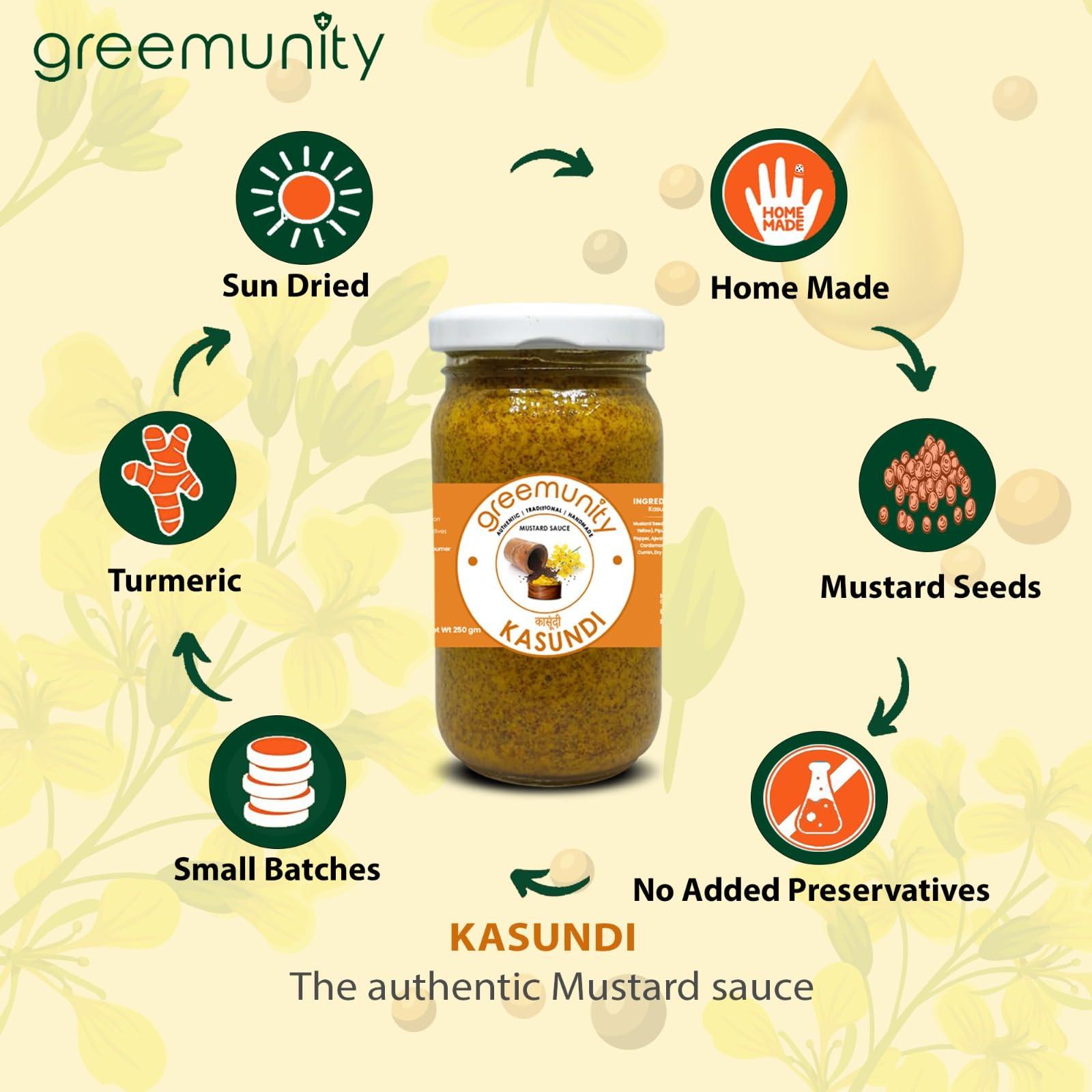 GREEMUNITY GREEMUNITY | Kasundi n Aam Kasundi Combo Pack - Original Bengali Kasundi - Authentic Handmade Orginal Bengali Kasundi n Mango Kasundi,Mustard Sauce and Mango Mustard Sauce 350 gms each [Pack of 2]